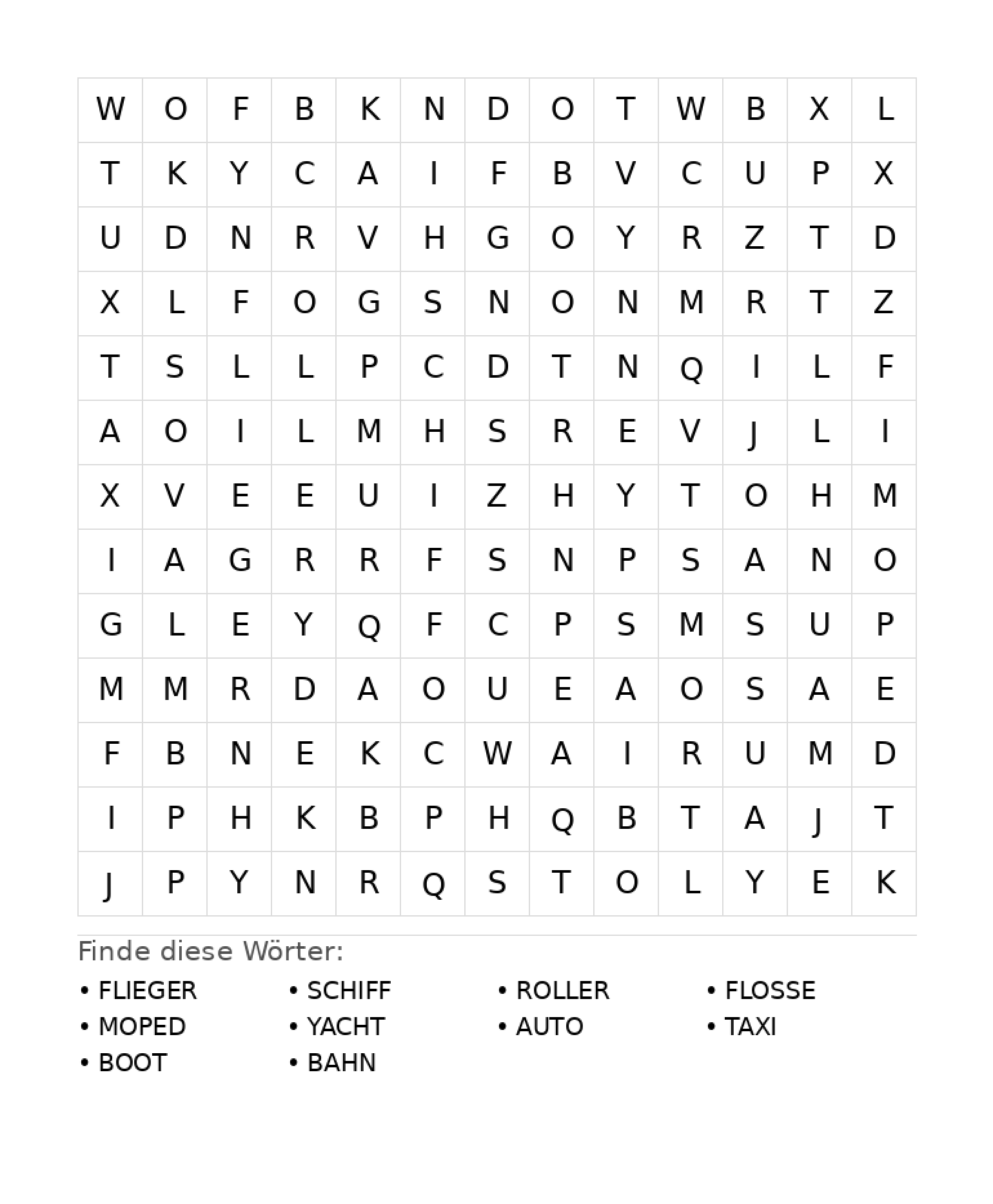 Wortsuchrätsel Wortsuchrätsel: Fahrzeuge für Grundschule aus der Kategorie Wortsuchrätsel - kostenlos ausdrucken
