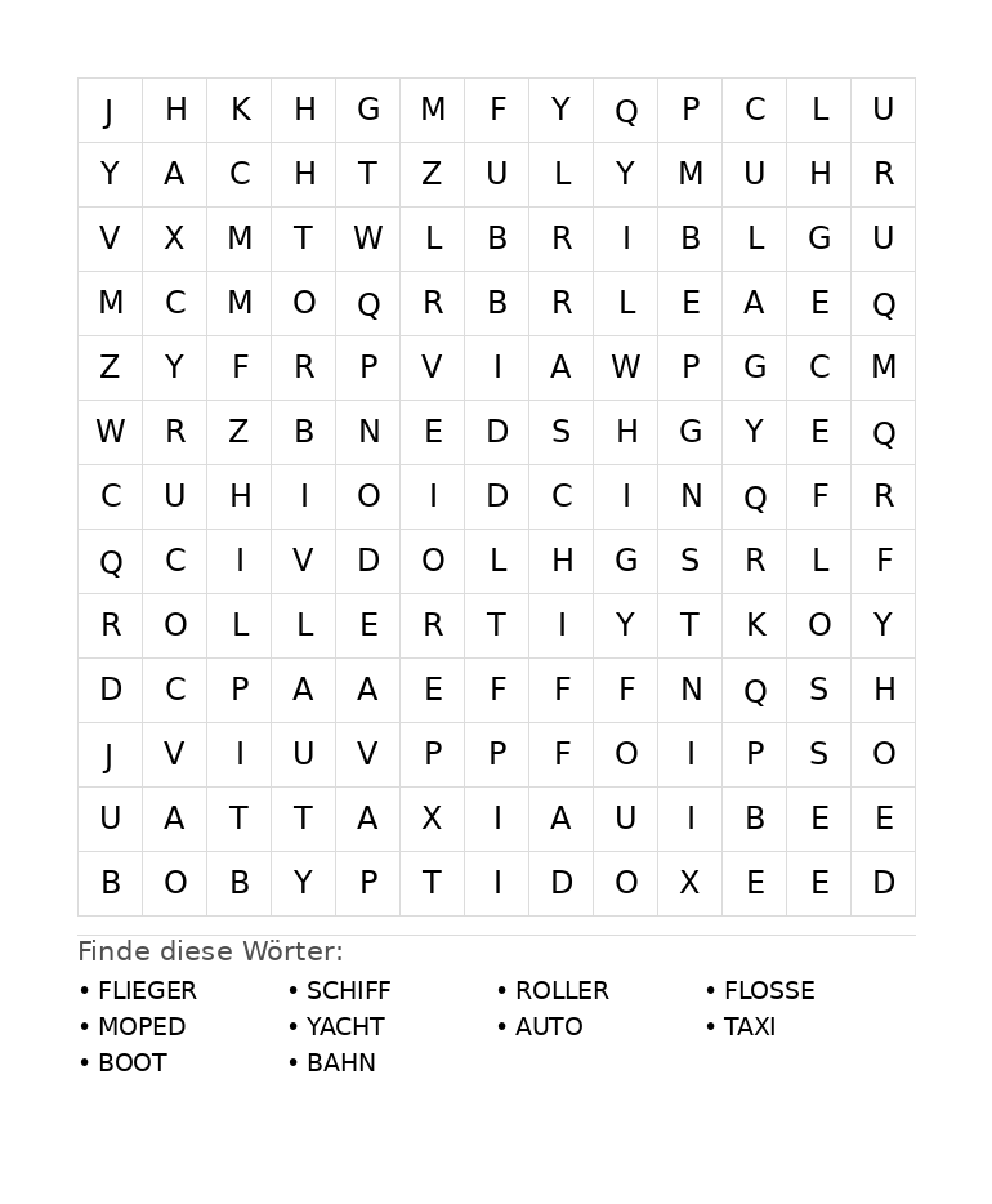 Wortsuchrätsel Wortsuchrätsel: Fahrzeuge für Grundschule aus der Kategorie Wortsuchrätsel - kostenlos ausdrucken
