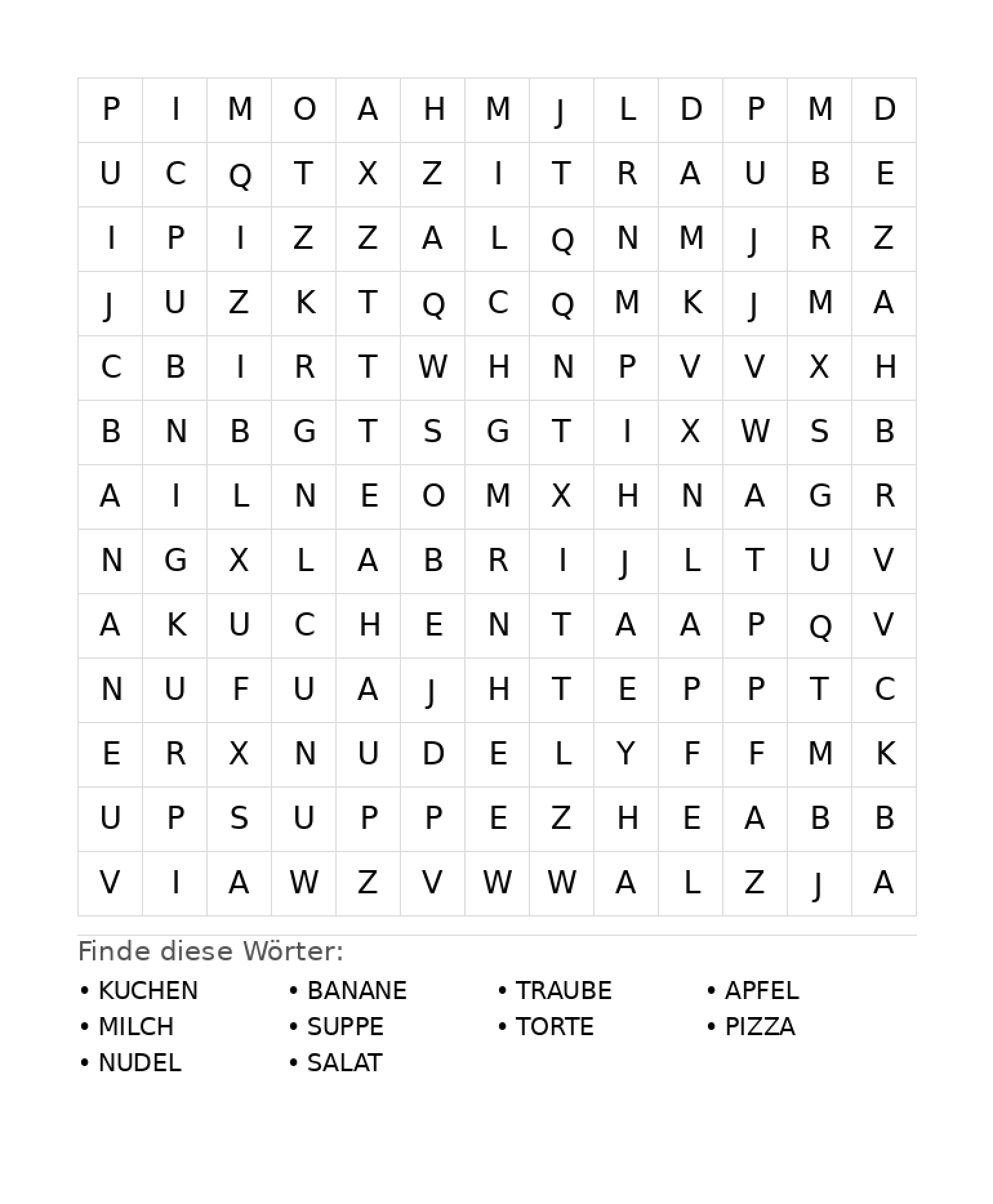 Wortsuchrätsel Wortsuchrätsel: Essen für Grundschule aus der Kategorie Wortsuchrätsel - kostenlos ausdrucken