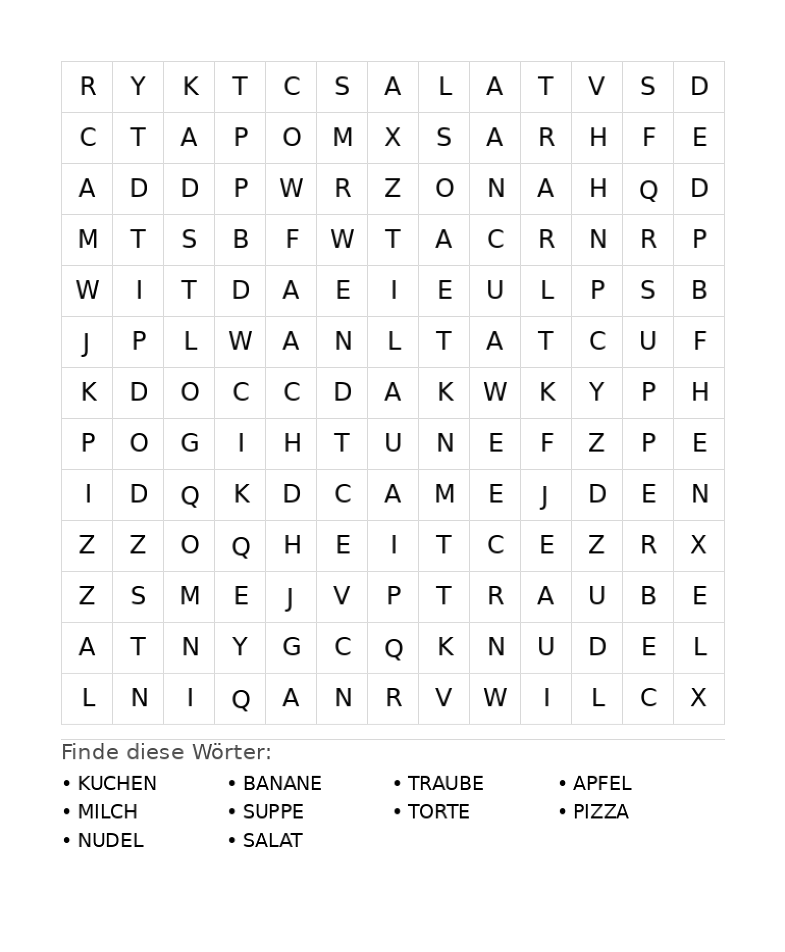 Wortsuchrätsel Wortsuchrätsel: Essen für Grundschule aus der Kategorie Wortsuchrätsel - kostenlos ausdrucken