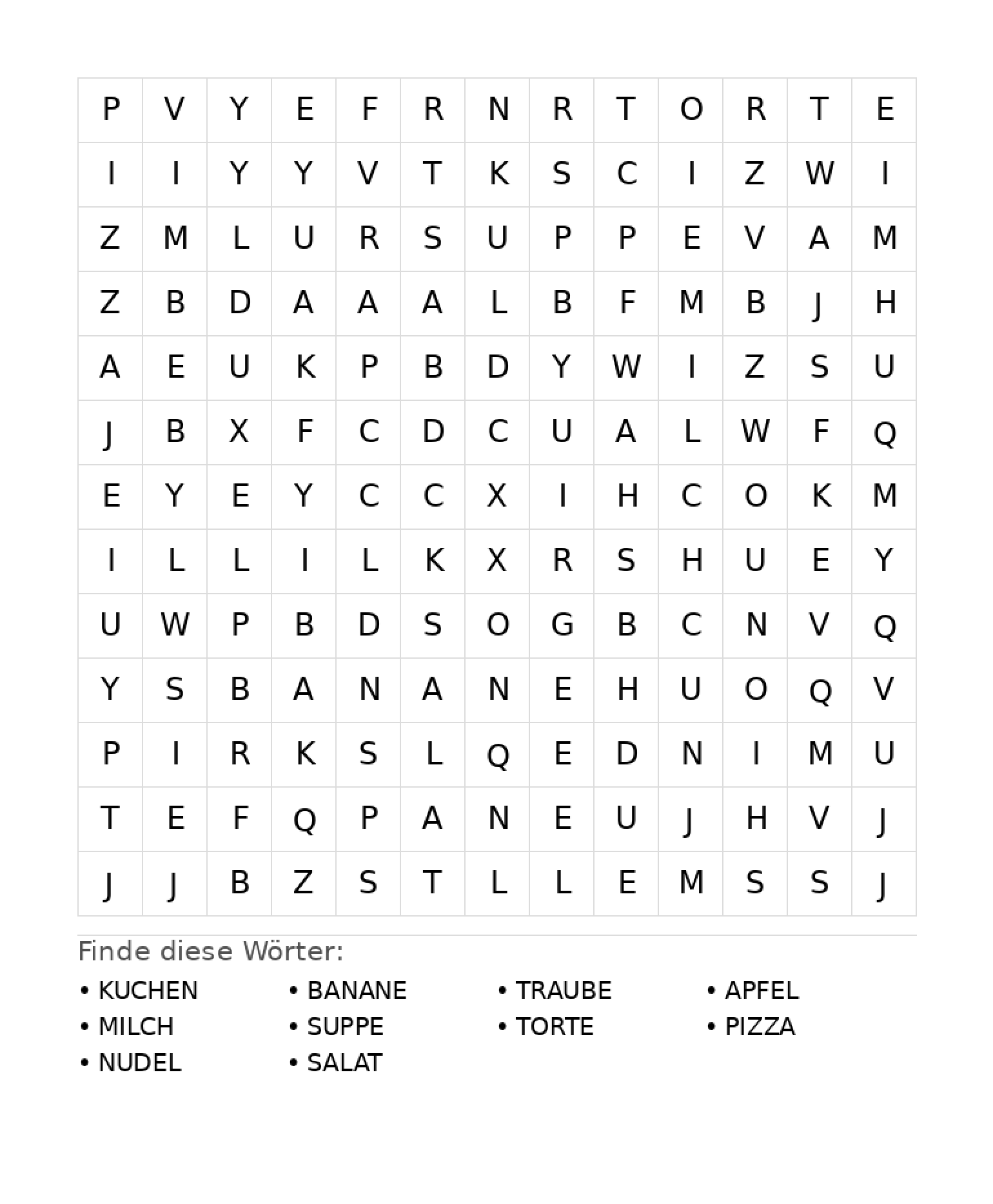 Wortsuchrätsel Wortsuchrätsel: Essen für Grundschule aus der Kategorie Wortsuchrätsel - kostenlos ausdrucken