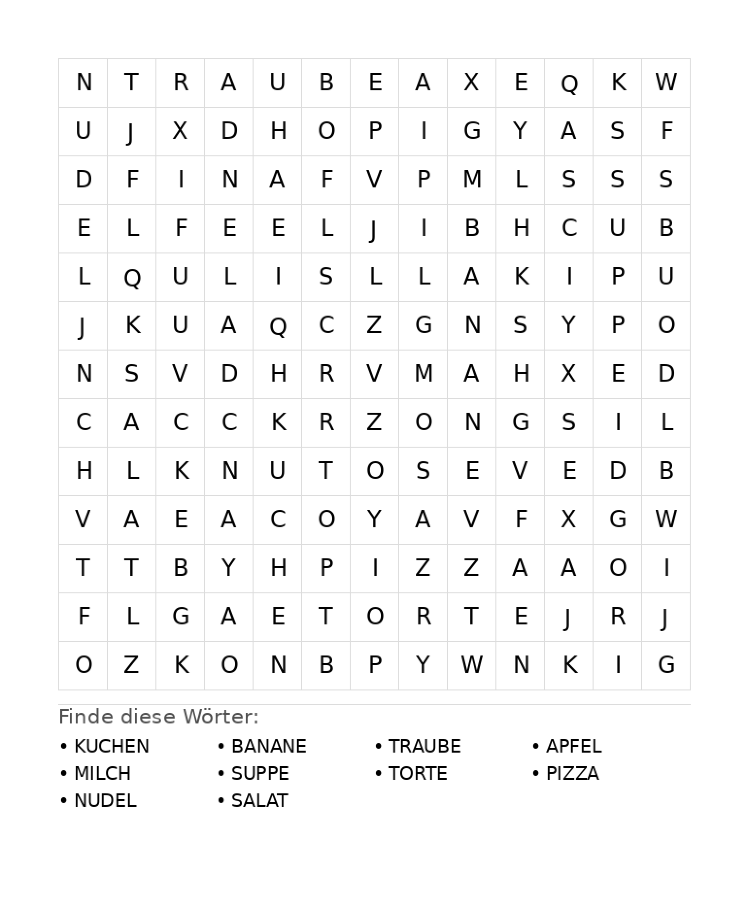 Wortsuchrätsel Wortsuchrätsel: Essen für Grundschule aus der Kategorie Wortsuchrätsel - kostenlos ausdrucken
