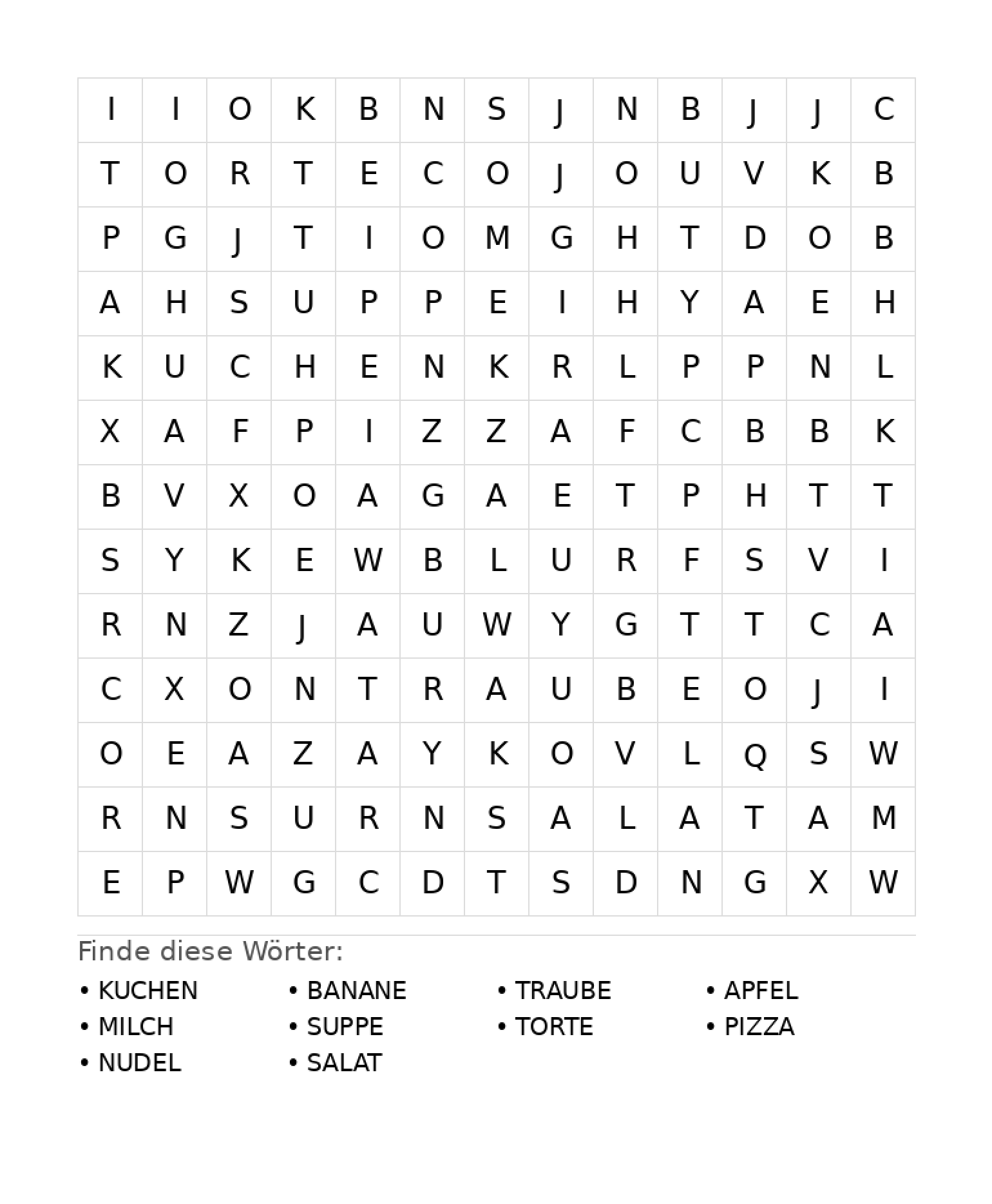 Wortsuchrätsel Wortsuchrätsel: Essen für Grundschule aus der Kategorie Wortsuchrätsel - kostenlos ausdrucken