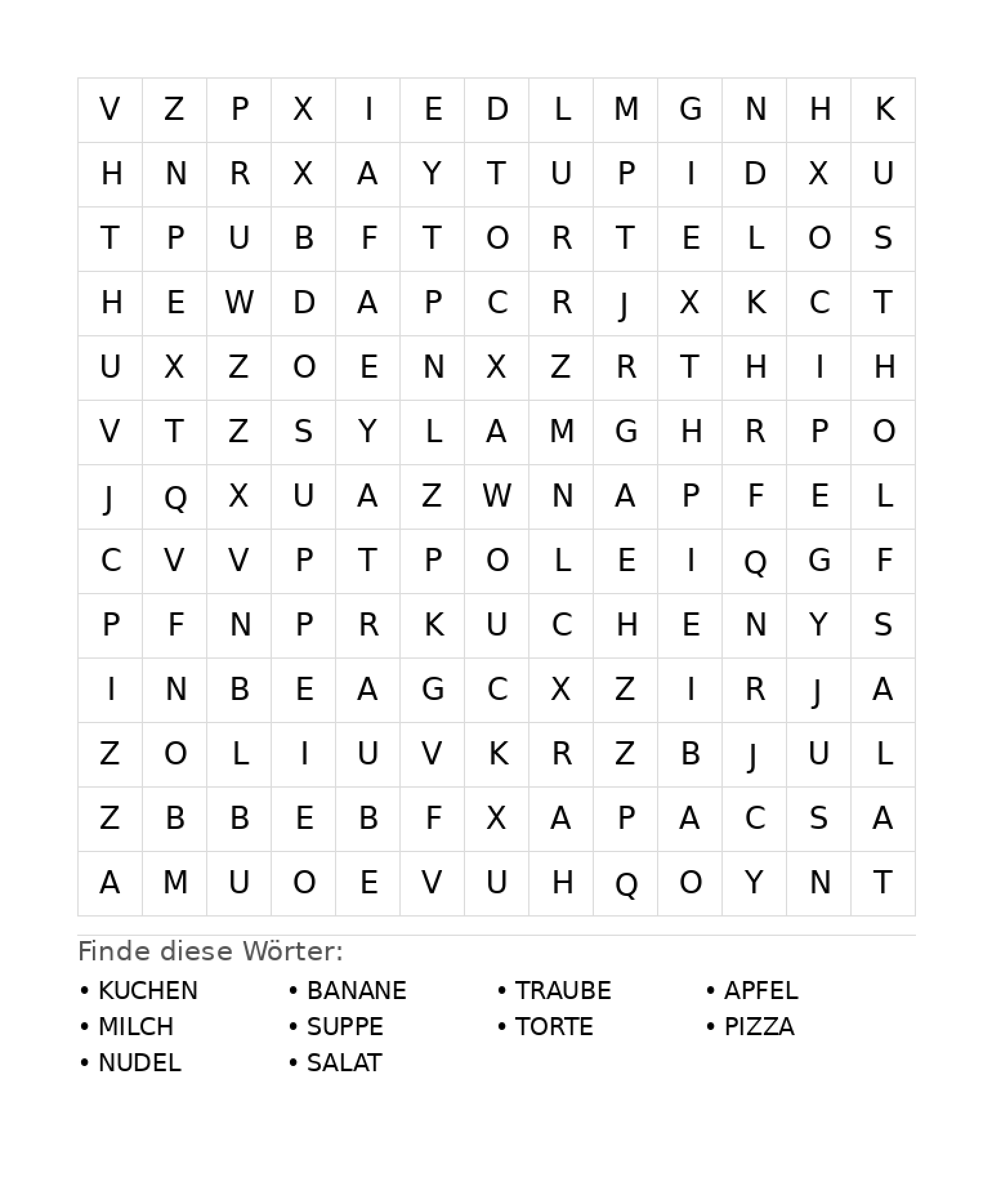 Wortsuchrätsel Wortsuchrätsel: Essen für Grundschule aus der Kategorie Wortsuchrätsel - kostenlos ausdrucken