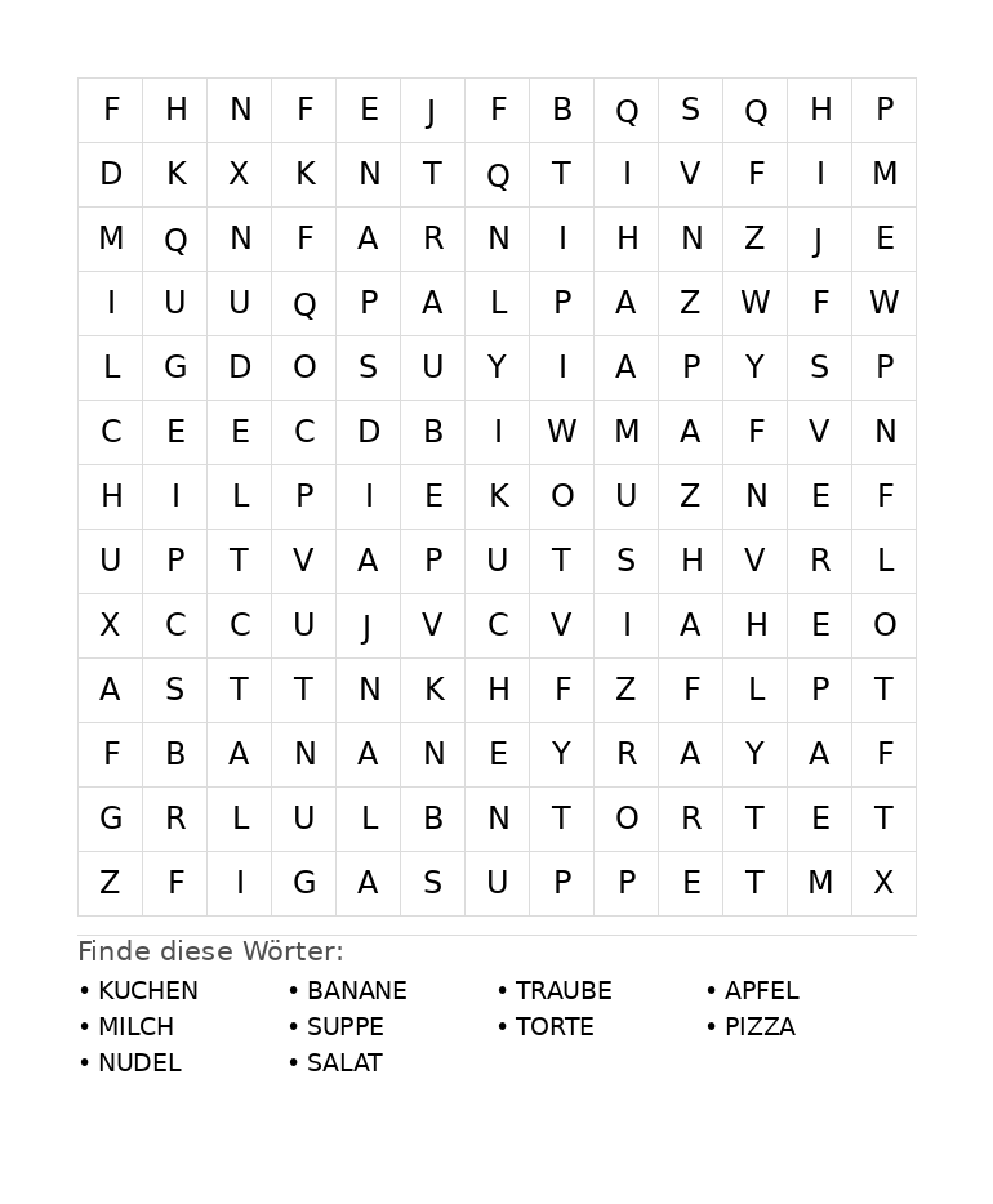 Wortsuchrätsel Wortsuchrätsel: Essen für Grundschule aus der Kategorie Wortsuchrätsel - kostenlos ausdrucken