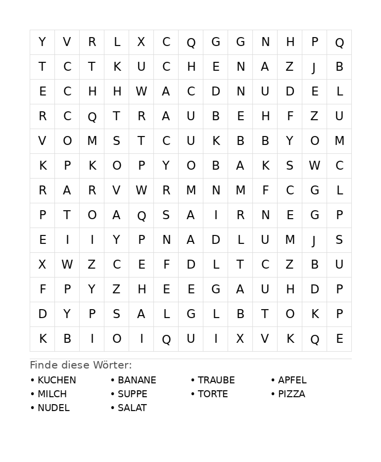 Wortsuchrätsel Wortsuchrätsel: Essen für Grundschule aus der Kategorie Wortsuchrätsel - kostenlos ausdrucken