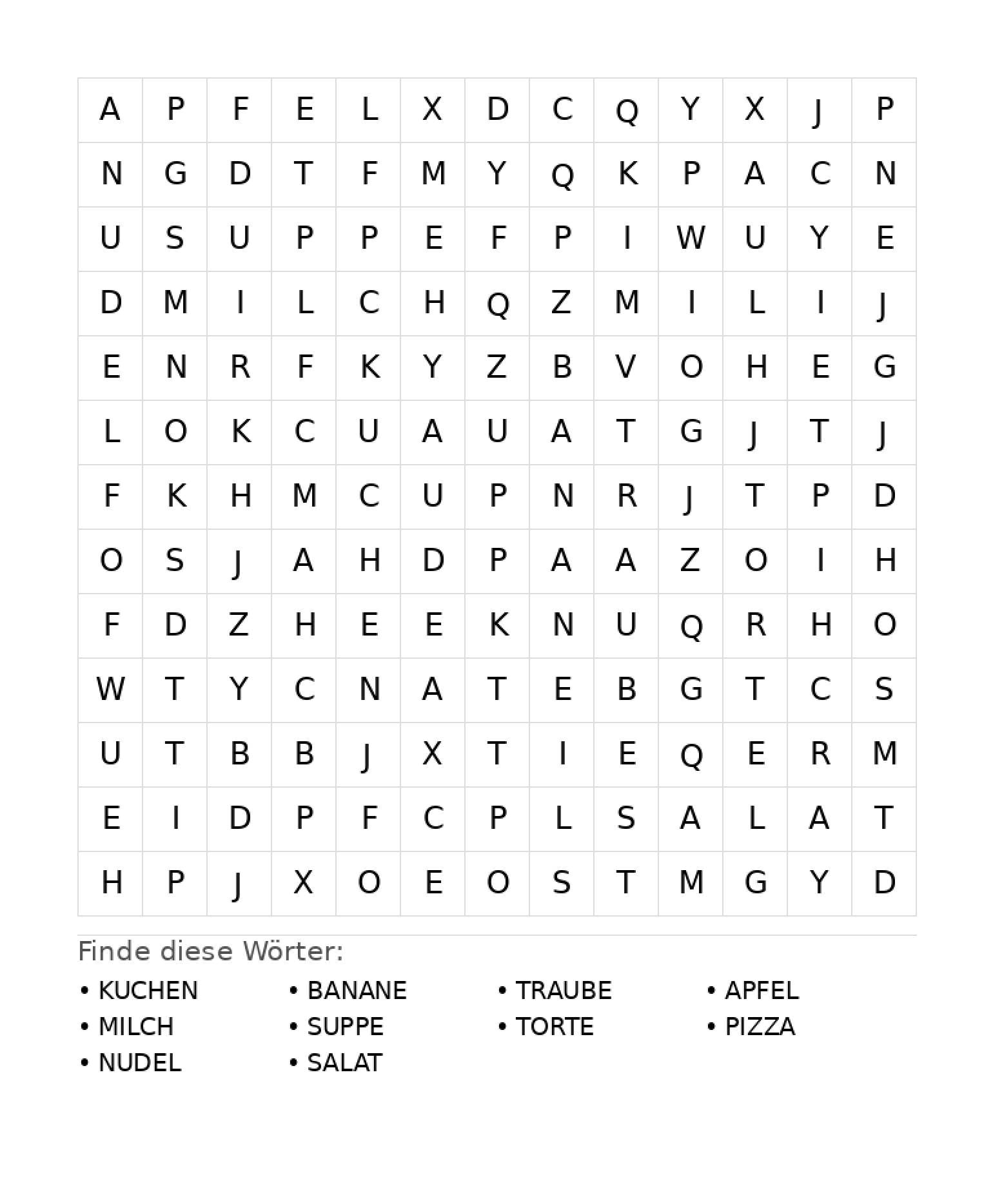 Wortsuchrätsel Wortsuchrätsel: Essen für Grundschule aus der Kategorie Wortsuchrätsel - kostenlos ausdrucken