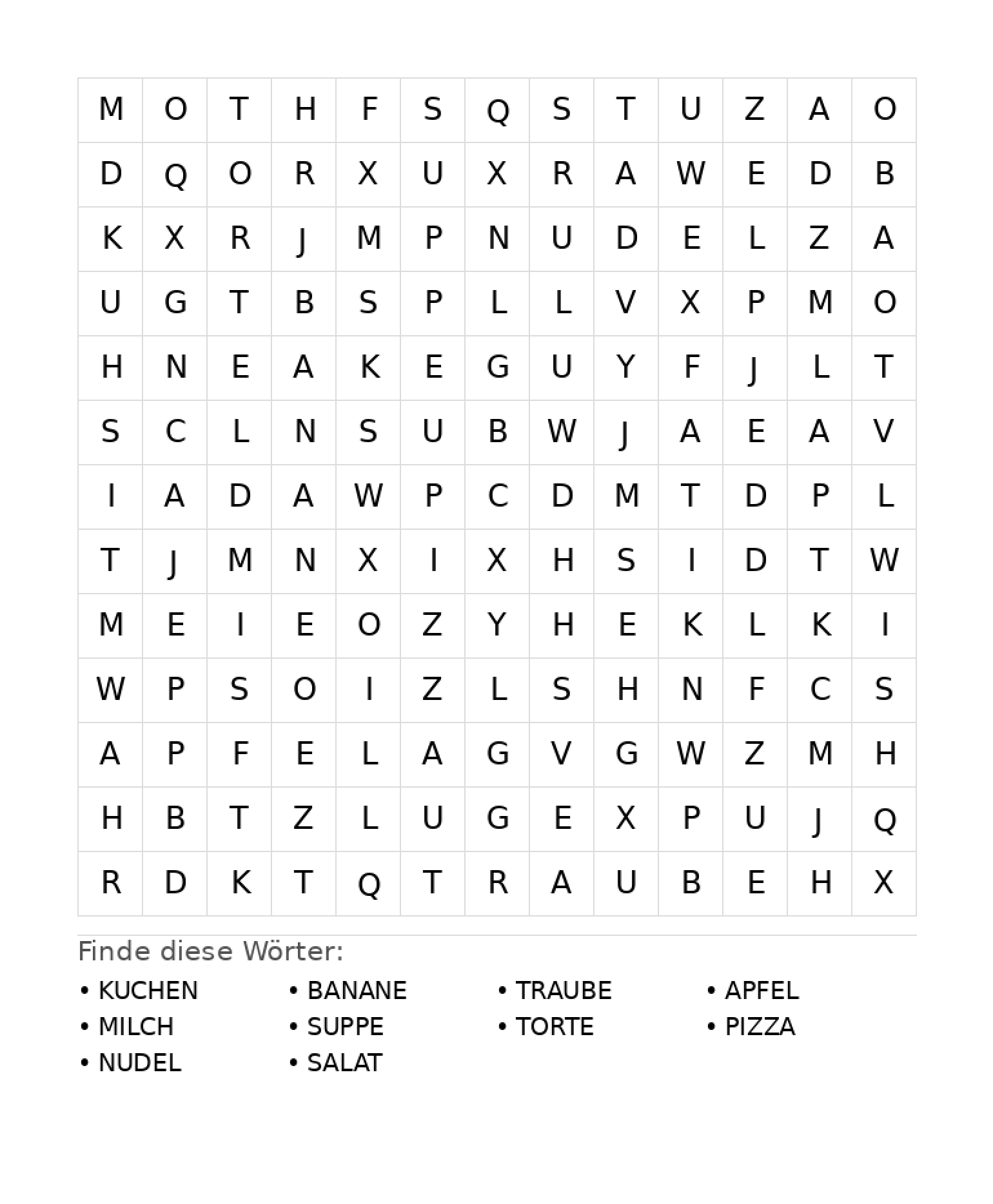 Wortsuchrätsel Wortsuchrätsel: Essen für Grundschule aus der Kategorie Wortsuchrätsel - kostenlos ausdrucken