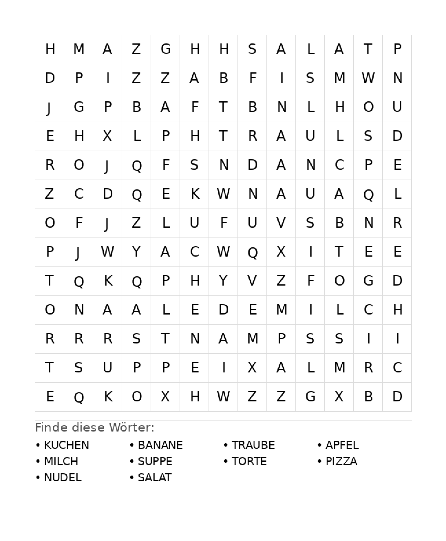Wortsuchrätsel Wortsuchrätsel: Essen für Grundschule aus der Kategorie Wortsuchrätsel - kostenlos ausdrucken
