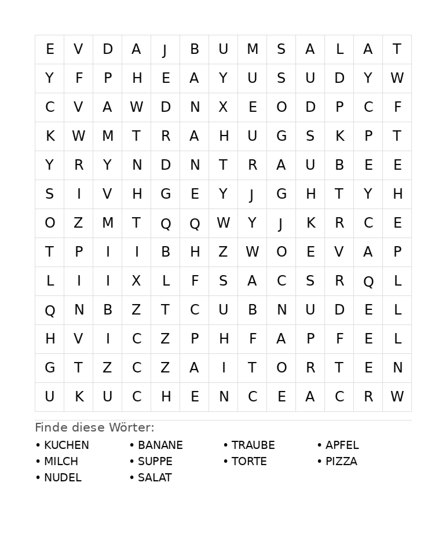 Wortsuchrätsel Wortsuchrätsel: Essen für Grundschule aus der Kategorie Wortsuchrätsel - kostenlos ausdrucken