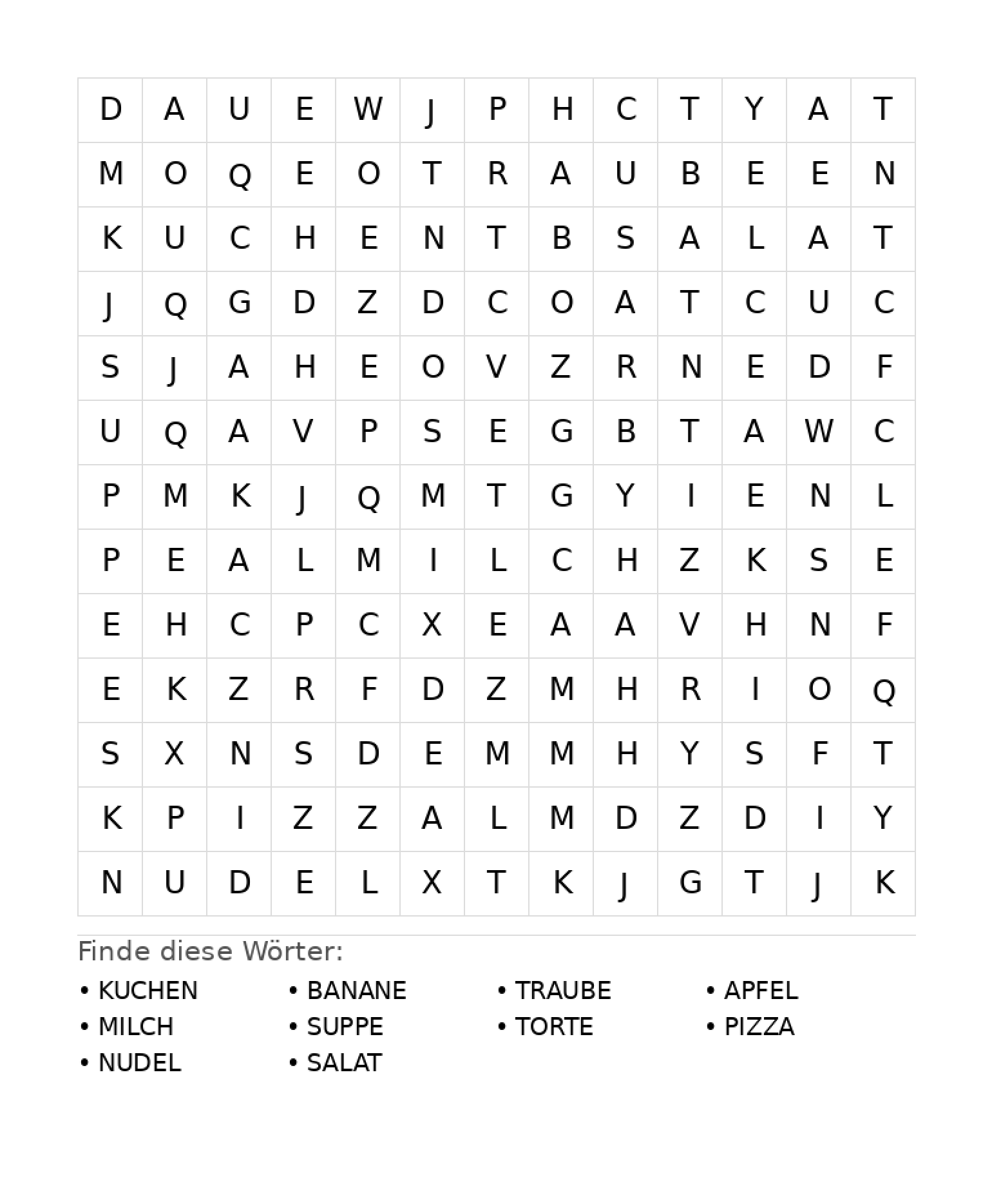 Wortsuchrätsel Wortsuchrätsel: Essen für Grundschule aus der Kategorie Wortsuchrätsel - kostenlos ausdrucken