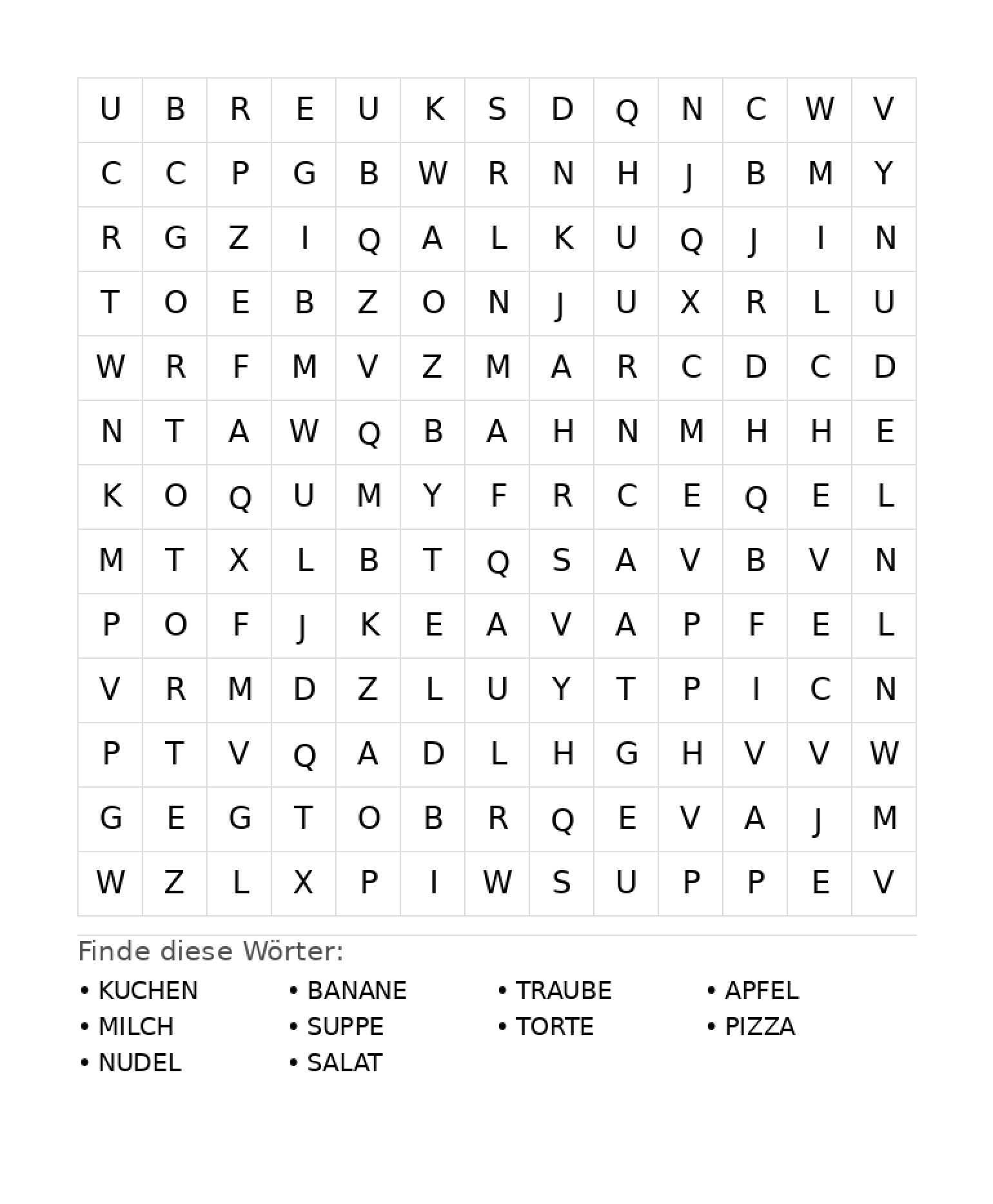 Wortsuchrätsel Wortsuchrätsel: Essen für Grundschule aus der Kategorie Wortsuchrätsel - kostenlos ausdrucken