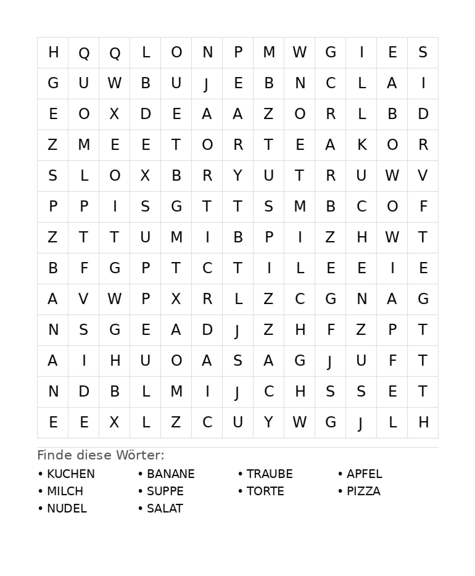 Wortsuchrätsel Wortsuchrätsel: Essen für Grundschule aus der Kategorie Wortsuchrätsel - kostenlos ausdrucken