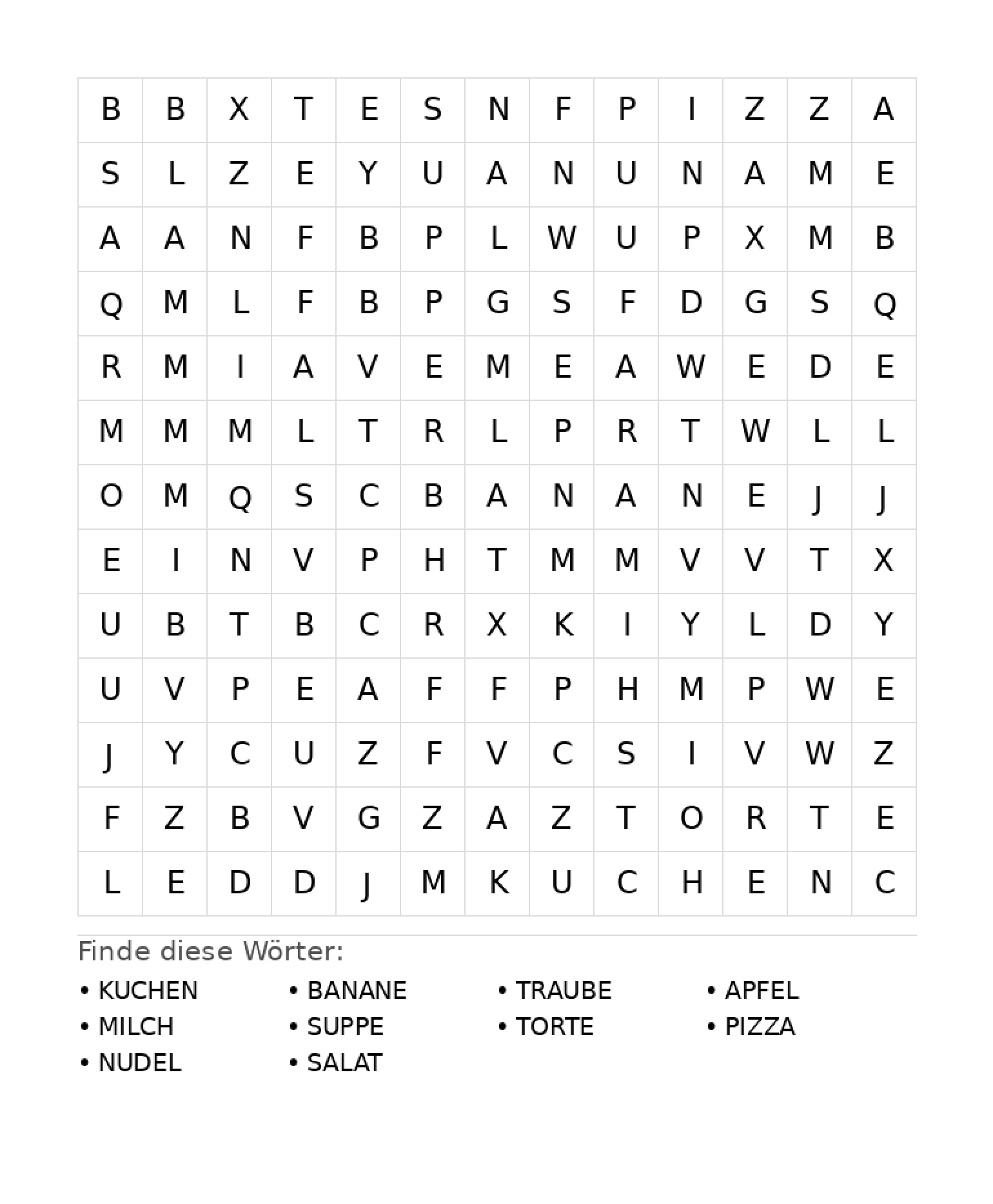 Wortsuchrätsel Wortsuchrätsel: Essen für Grundschule aus der Kategorie Wortsuchrätsel - kostenlos ausdrucken