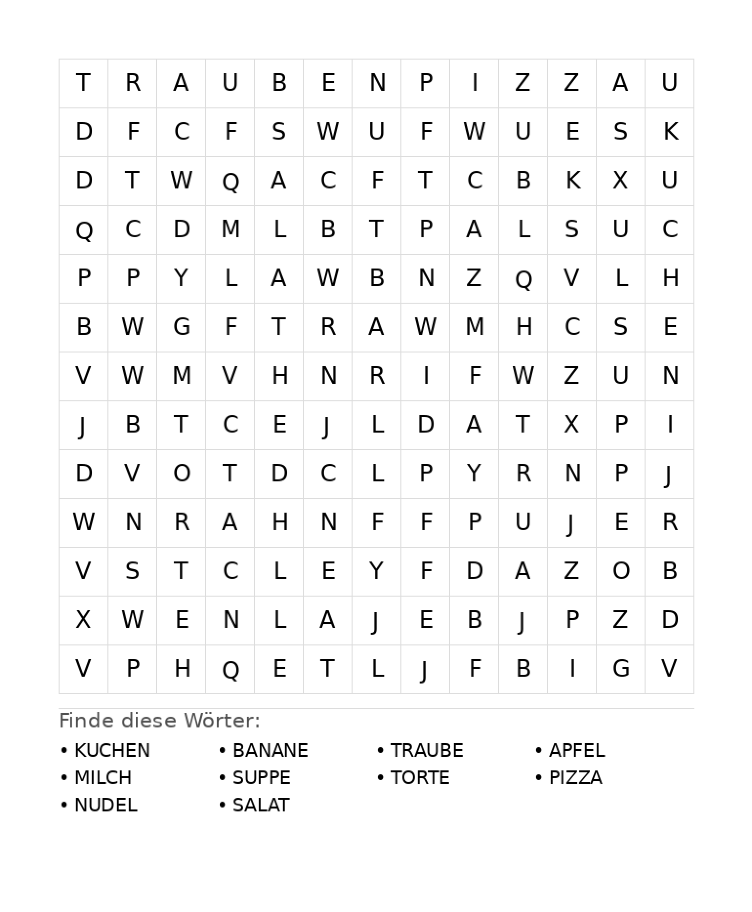 Wortsuchrätsel Wortsuchrätsel: Essen für Grundschule aus der Kategorie Wortsuchrätsel - kostenlos ausdrucken