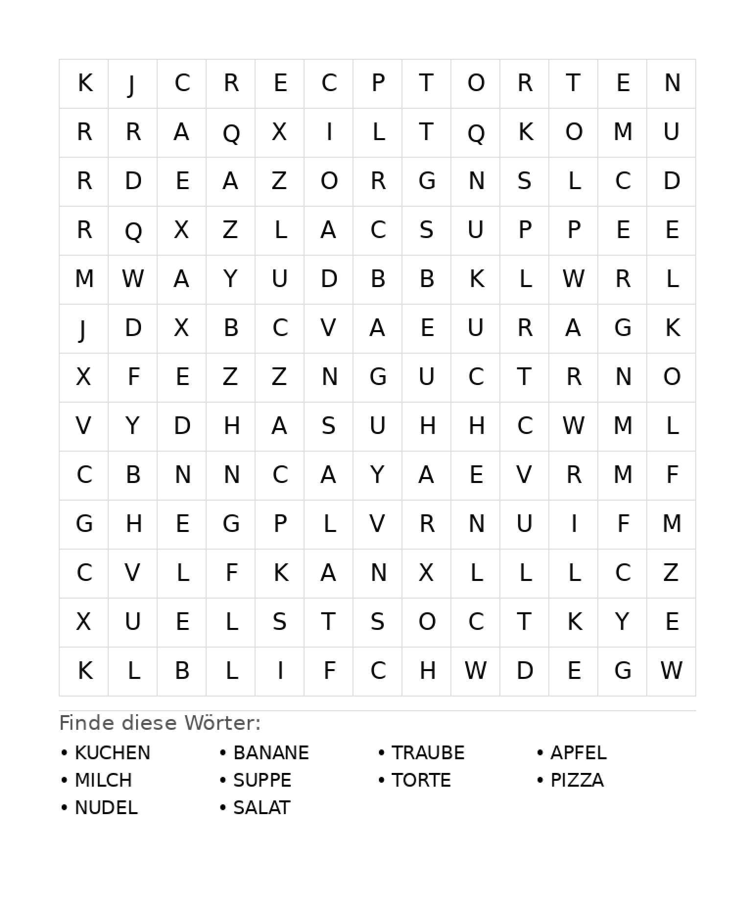 Wortsuchrätsel Wortsuchrätsel: Essen für Grundschule aus der Kategorie Wortsuchrätsel - kostenlos ausdrucken