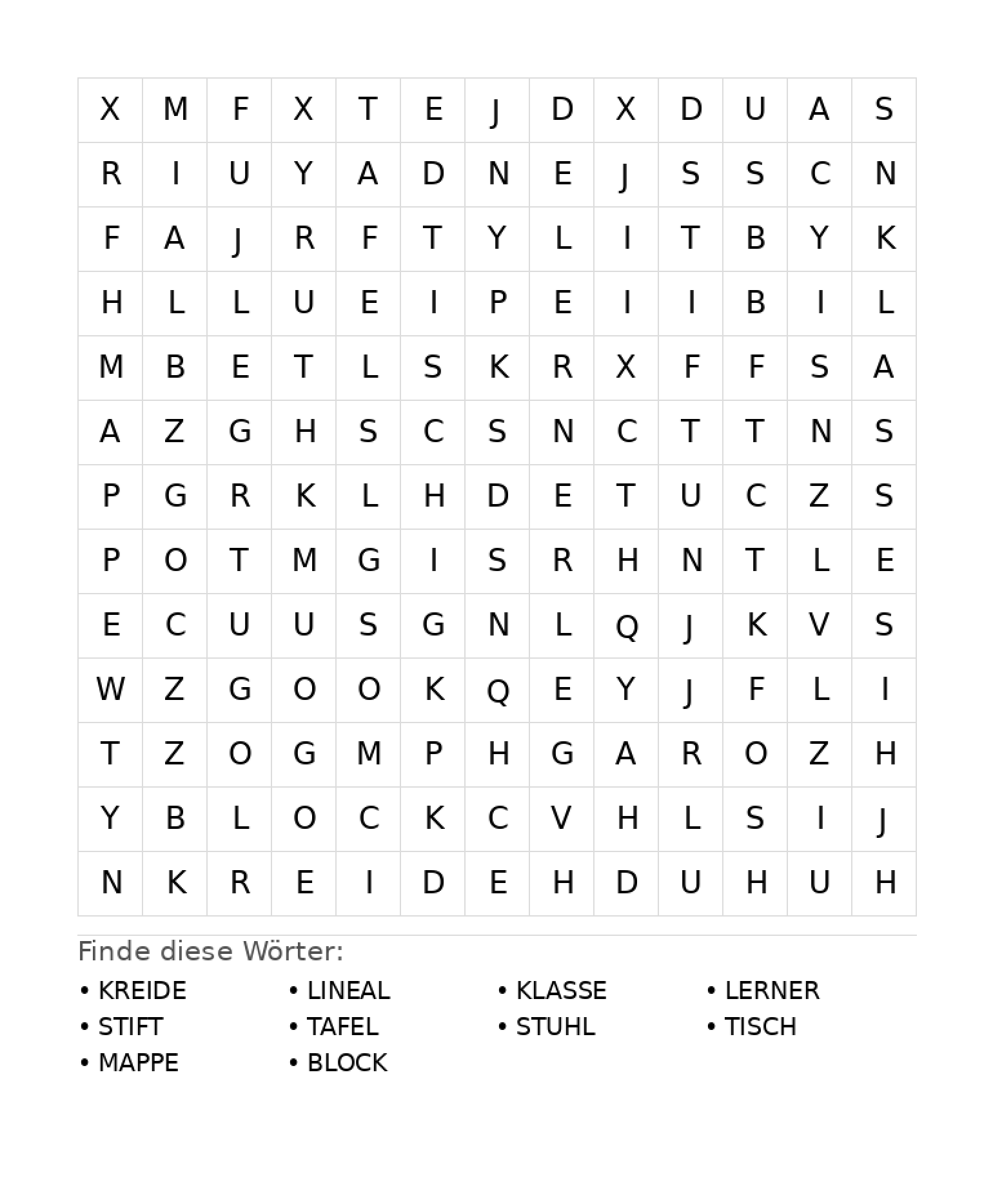 Wortsuchrätsel Wortsuchrätsel: Schule für Grundschule aus der Kategorie Wortsuchrätsel - kostenlos ausdrucken