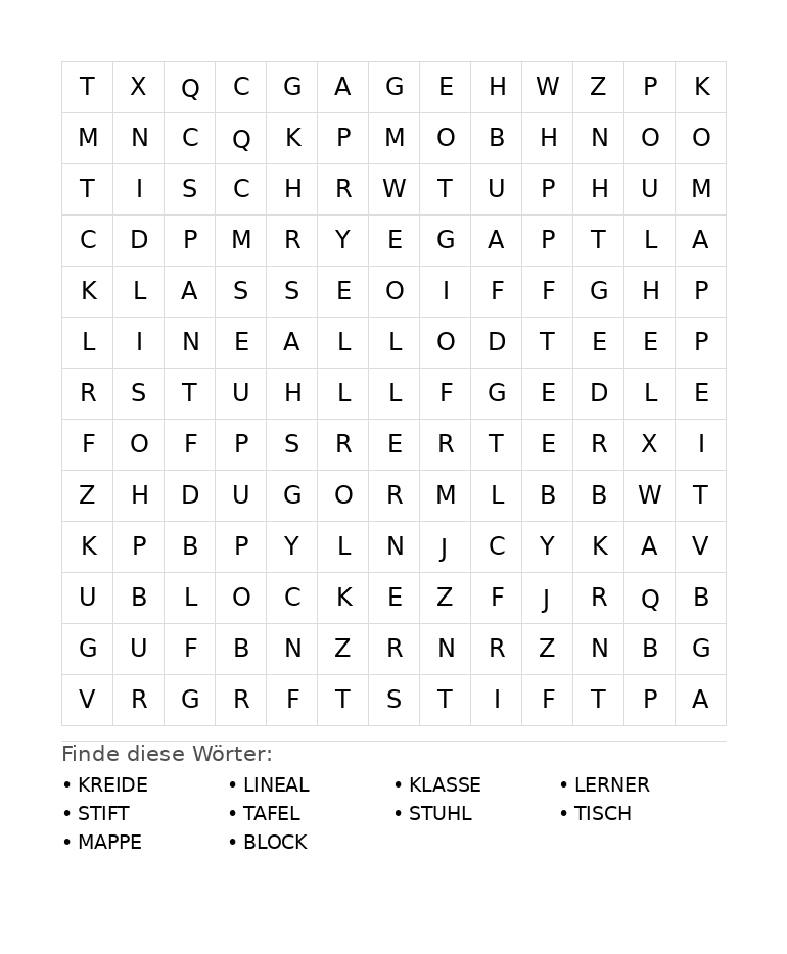 Wortsuchrätsel Wortsuchrätsel: Schule für Grundschule aus der Kategorie Wortsuchrätsel - kostenlos ausdrucken