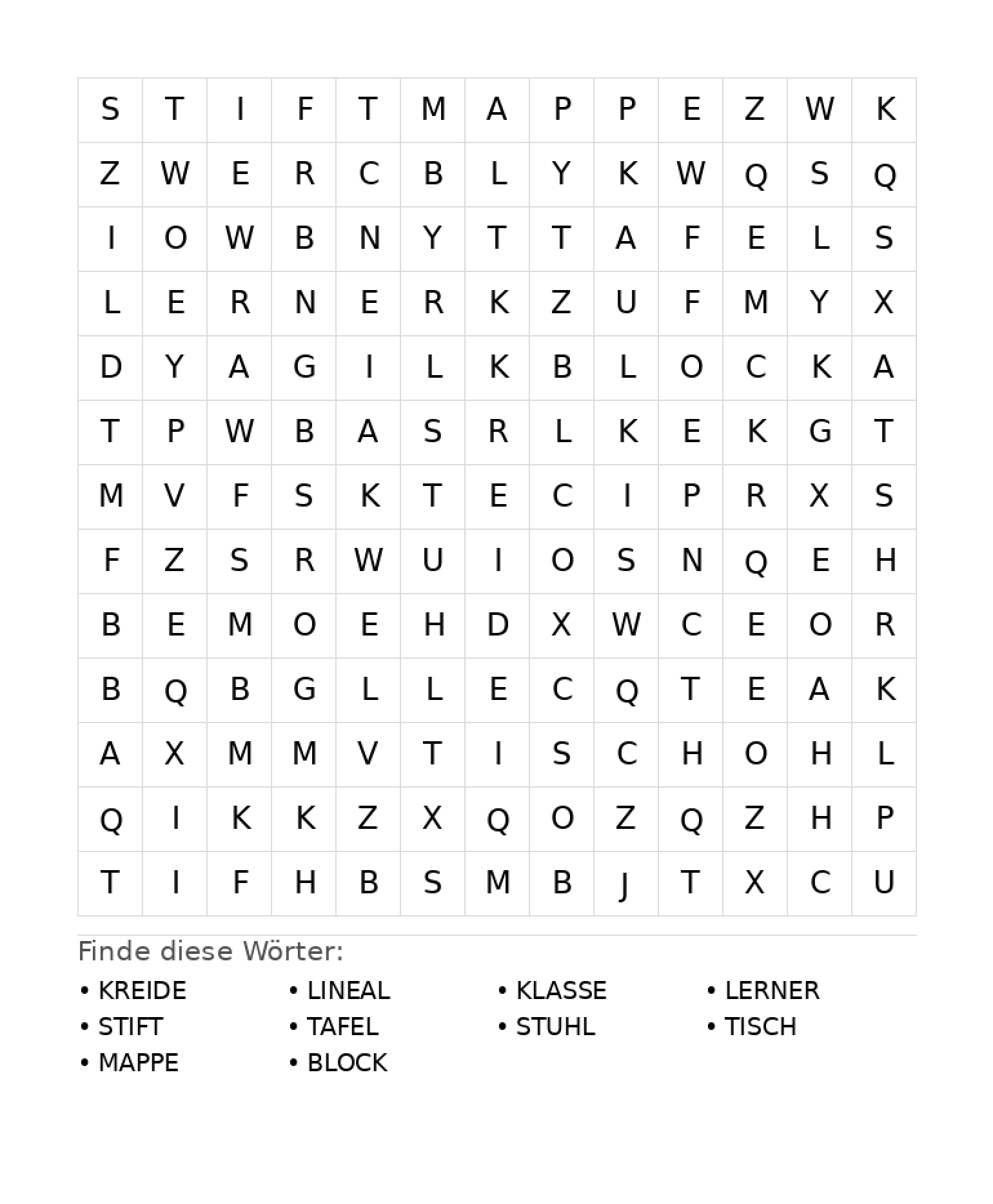 Wortsuchrätsel Wortsuchrätsel: Schule für Grundschule aus der Kategorie Wortsuchrätsel - kostenlos ausdrucken