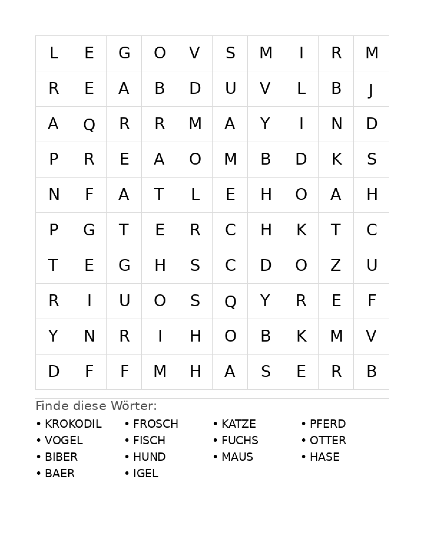 Wortsuchrätsel Wortsuchrätsel: Tiere für Grundschule aus der Kategorie Wortsuchrätsel - kostenlos ausdrucken
