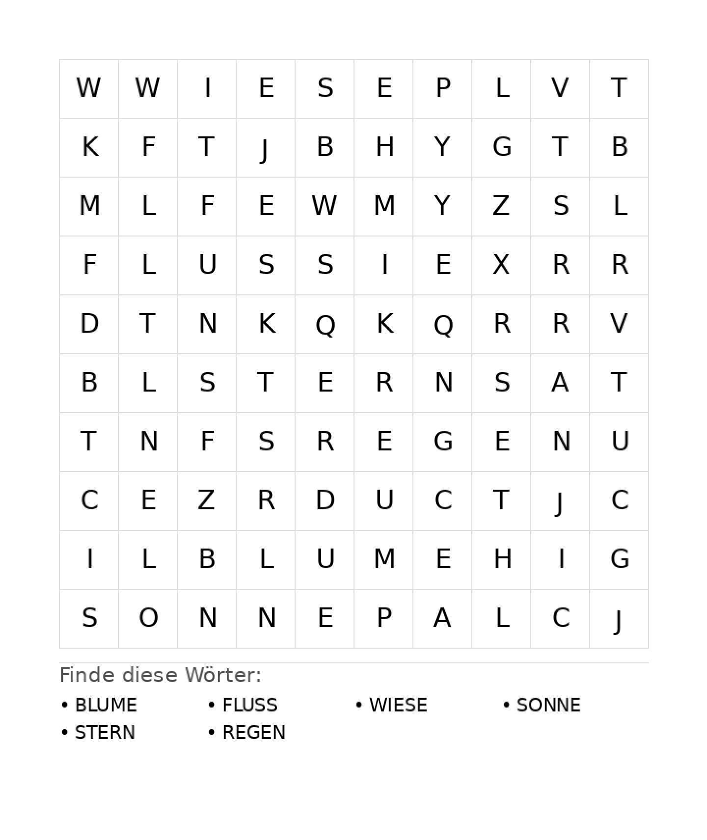 Wortsuchrätsel Wortsuchrätsel: Natur für Grundschule aus der Kategorie Wortsuchrätsel - kostenlos ausdrucken