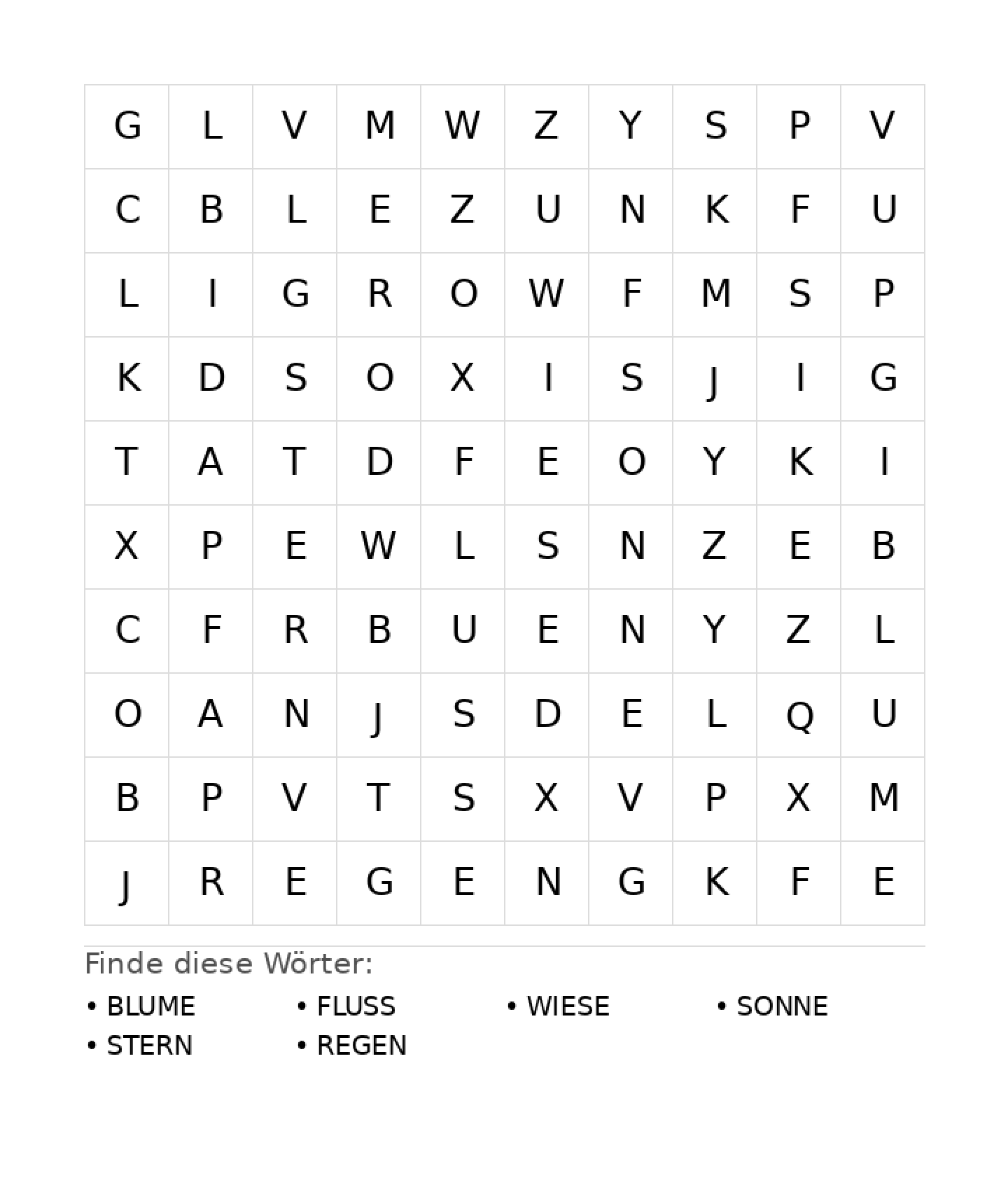 Wortsuchrätsel Wortsuchrätsel: Natur für Grundschule aus der Kategorie Wortsuchrätsel - kostenlos ausdrucken