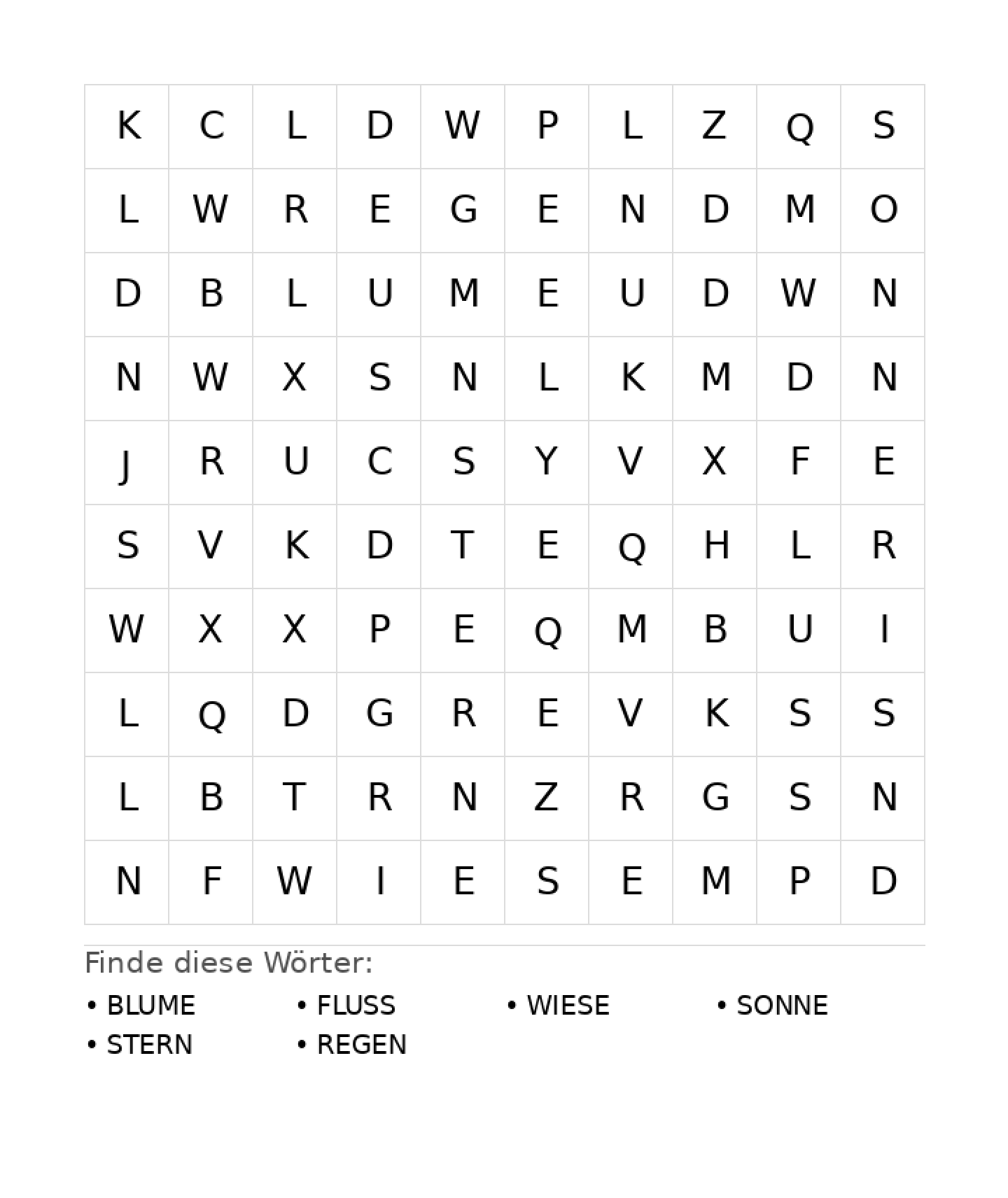 Wortsuchrätsel Wortsuchrätsel: Natur für Grundschule aus der Kategorie Wortsuchrätsel - kostenlos ausdrucken