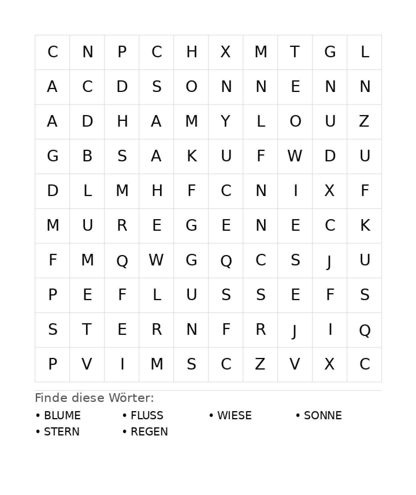Wortsuchrätsel Wortsuchrätsel: Natur für Grundschule aus der Kategorie Wortsuchrätsel - kostenlos ausdrucken