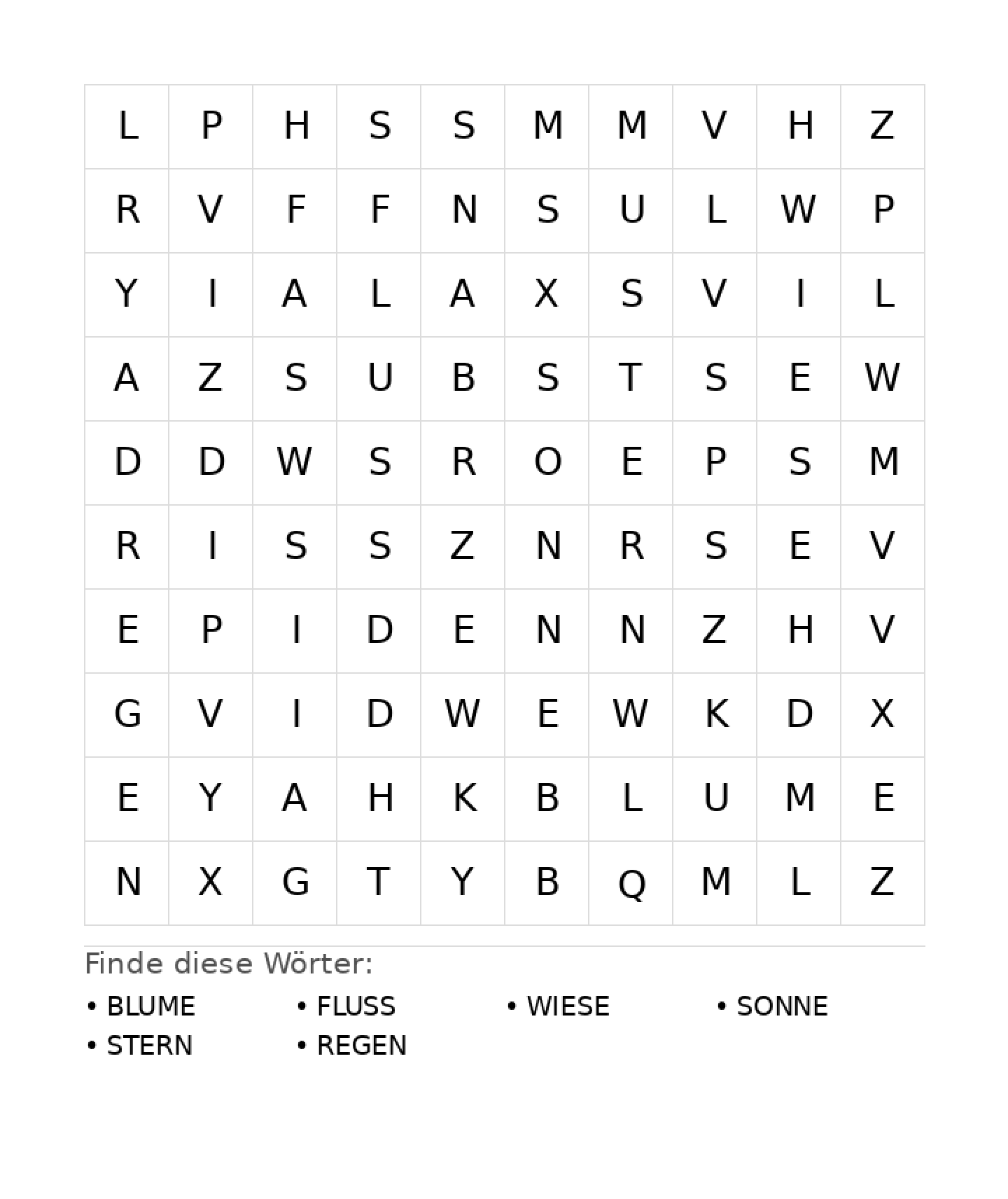 Wortsuchrätsel Wortsuchrätsel: Natur für Grundschule aus der Kategorie Wortsuchrätsel - kostenlos ausdrucken