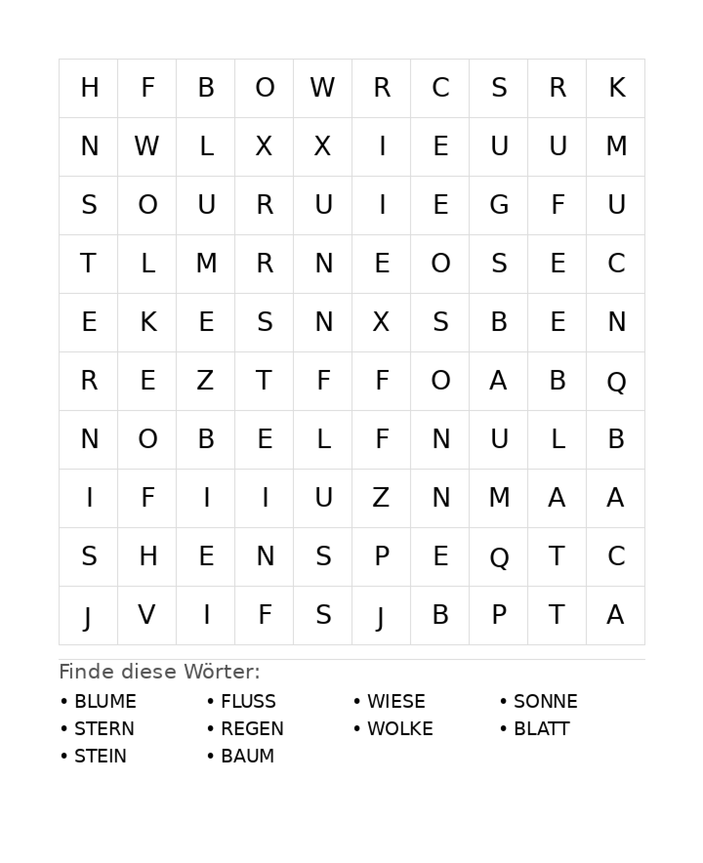 Wortsuchrätsel Wortsuchrätsel: Natur für Grundschule aus der Kategorie Wortsuchrätsel - kostenlos ausdrucken