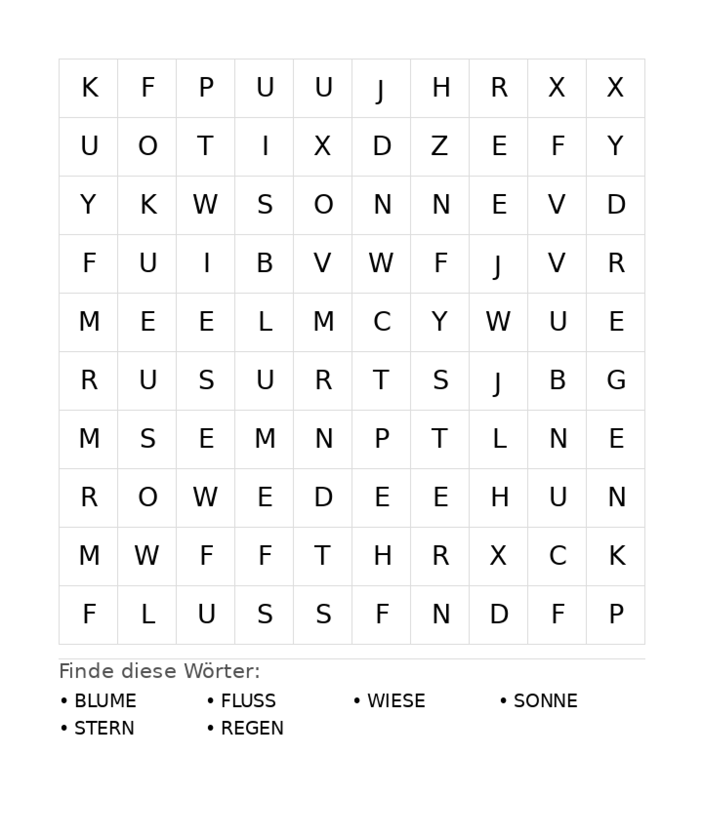 Wortsuchrätsel Wortsuchrätsel: Natur für Grundschule aus der Kategorie Wortsuchrätsel - kostenlos ausdrucken