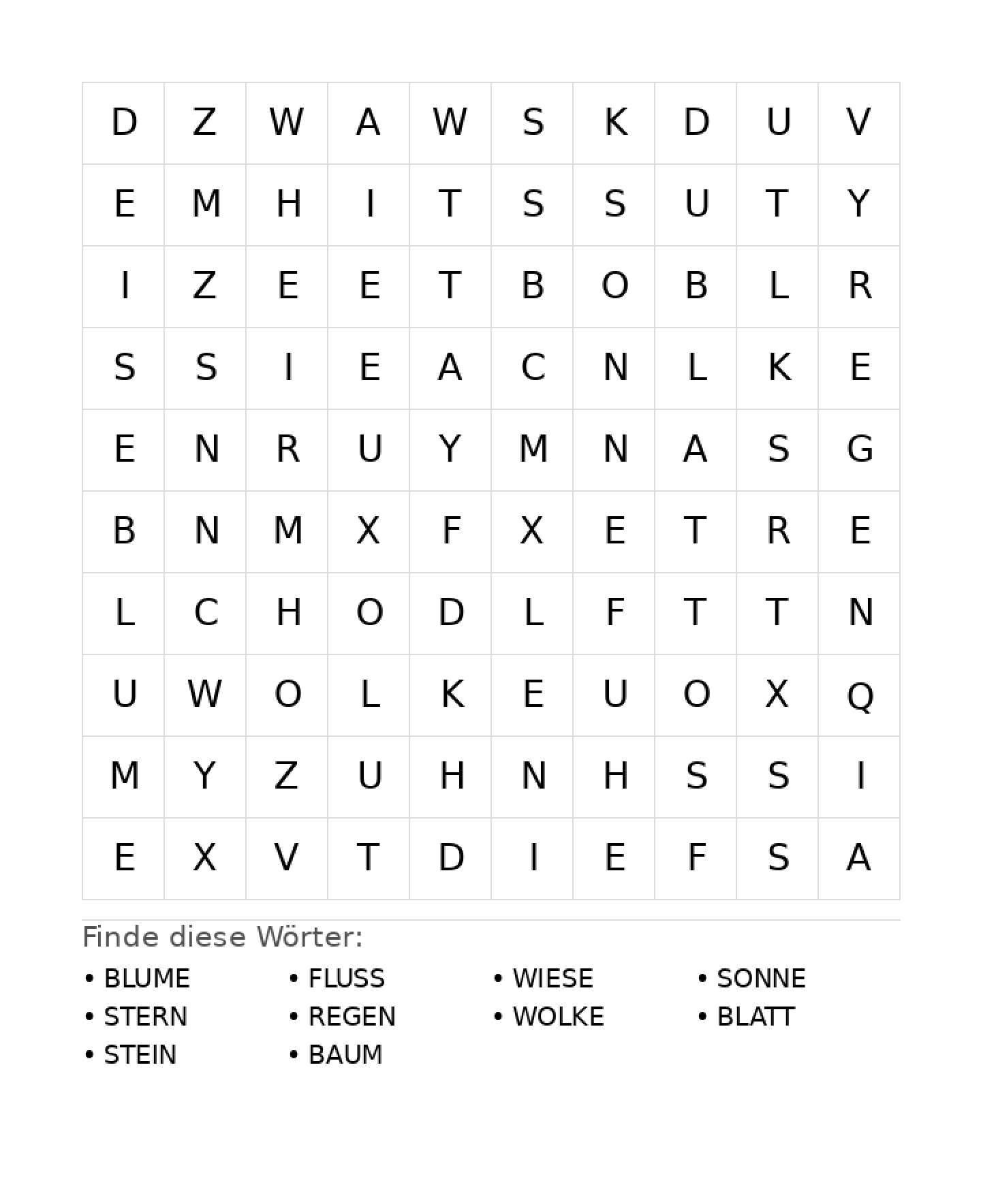 Wortsuchrätsel Wortsuchrätsel: Natur für Grundschule aus der Kategorie Wortsuchrätsel - kostenlos ausdrucken