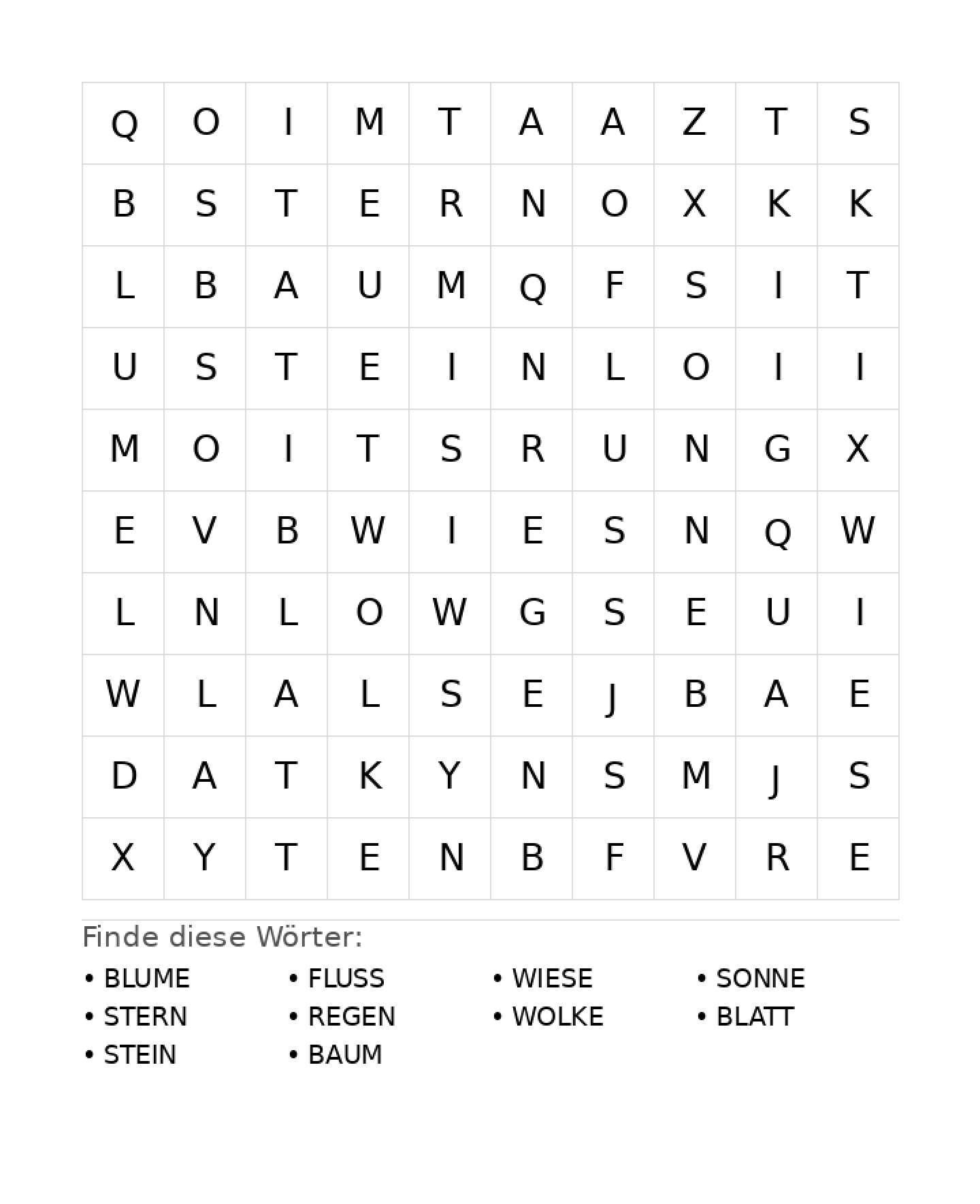 Wortsuchrätsel Wortsuchrätsel: Natur für Grundschule aus der Kategorie Wortsuchrätsel - kostenlos ausdrucken