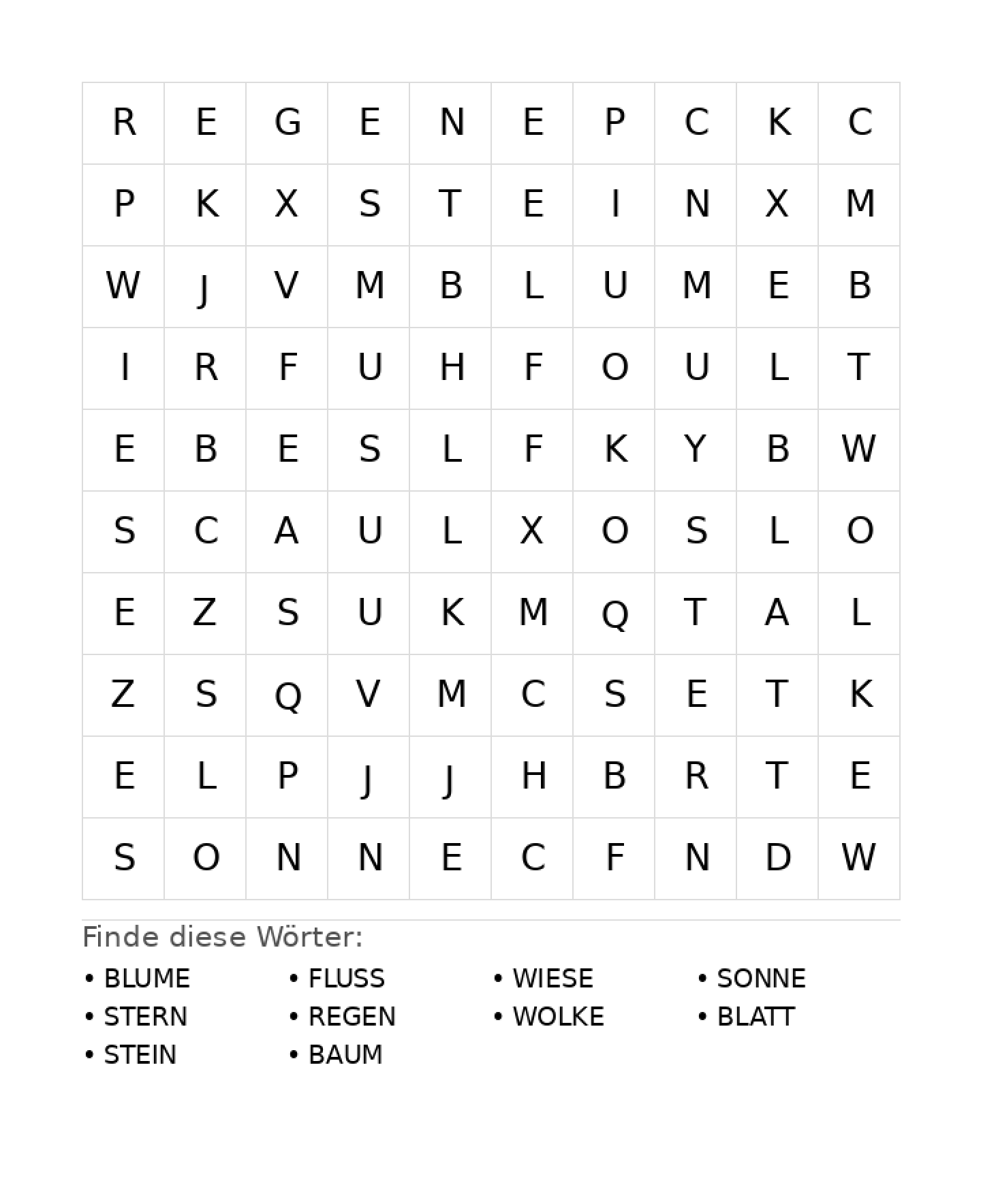 Wortsuchrätsel Wortsuchrätsel: Natur für Grundschule aus der Kategorie Wortsuchrätsel - kostenlos ausdrucken