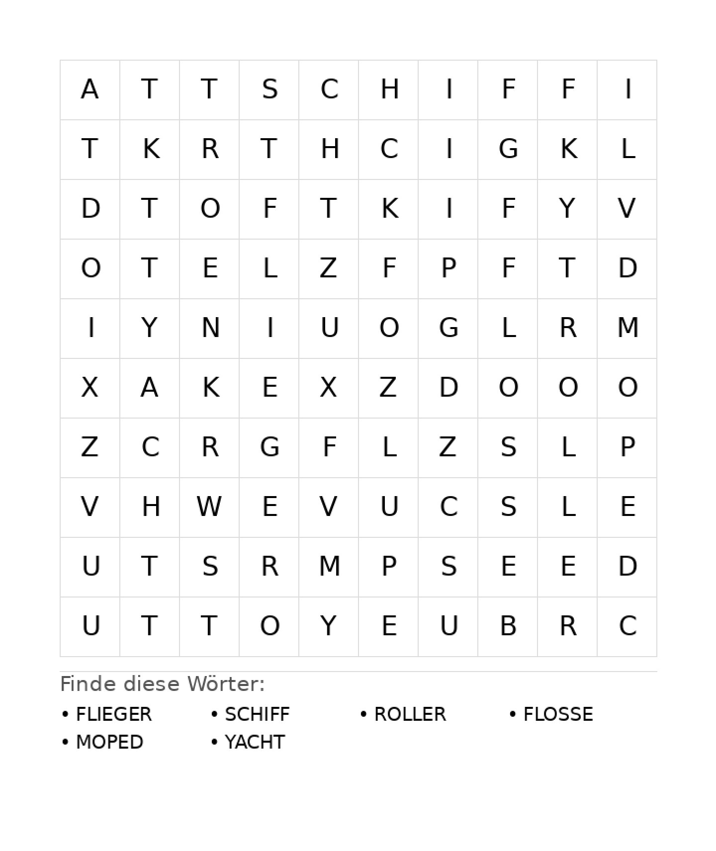 Wortsuchrätsel Wortsuchrätsel: Fahrzeuge für Grundschule aus der Kategorie Wortsuchrätsel - kostenlos ausdrucken