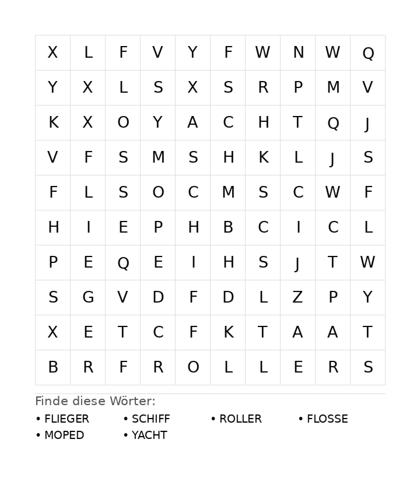 Wortsuchrätsel Wortsuchrätsel: Fahrzeuge für Grundschule aus der Kategorie Wortsuchrätsel - kostenlos ausdrucken