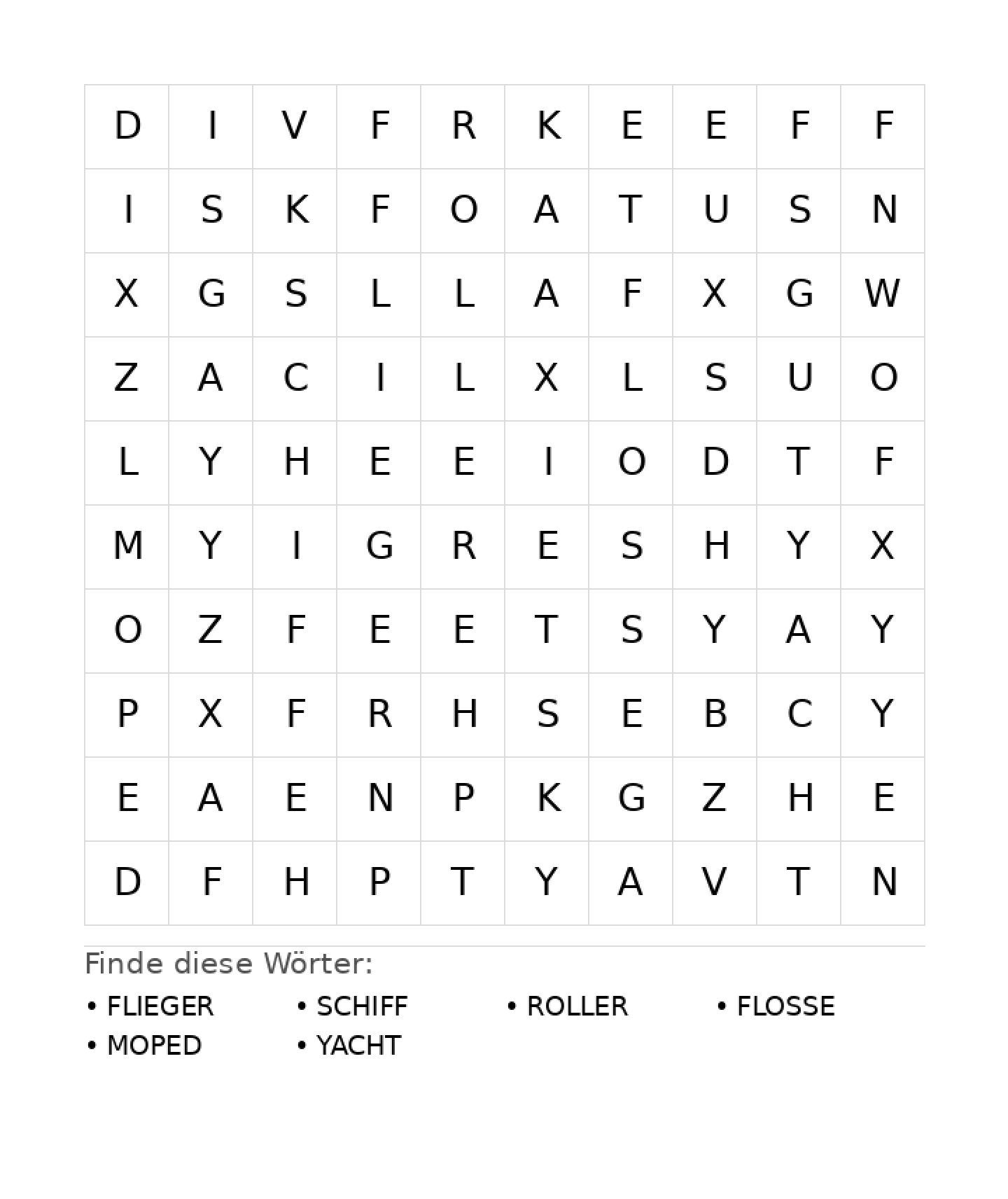 Wortsuchrätsel Wortsuchrätsel: Fahrzeuge für Grundschule aus der Kategorie Wortsuchrätsel - kostenlos ausdrucken