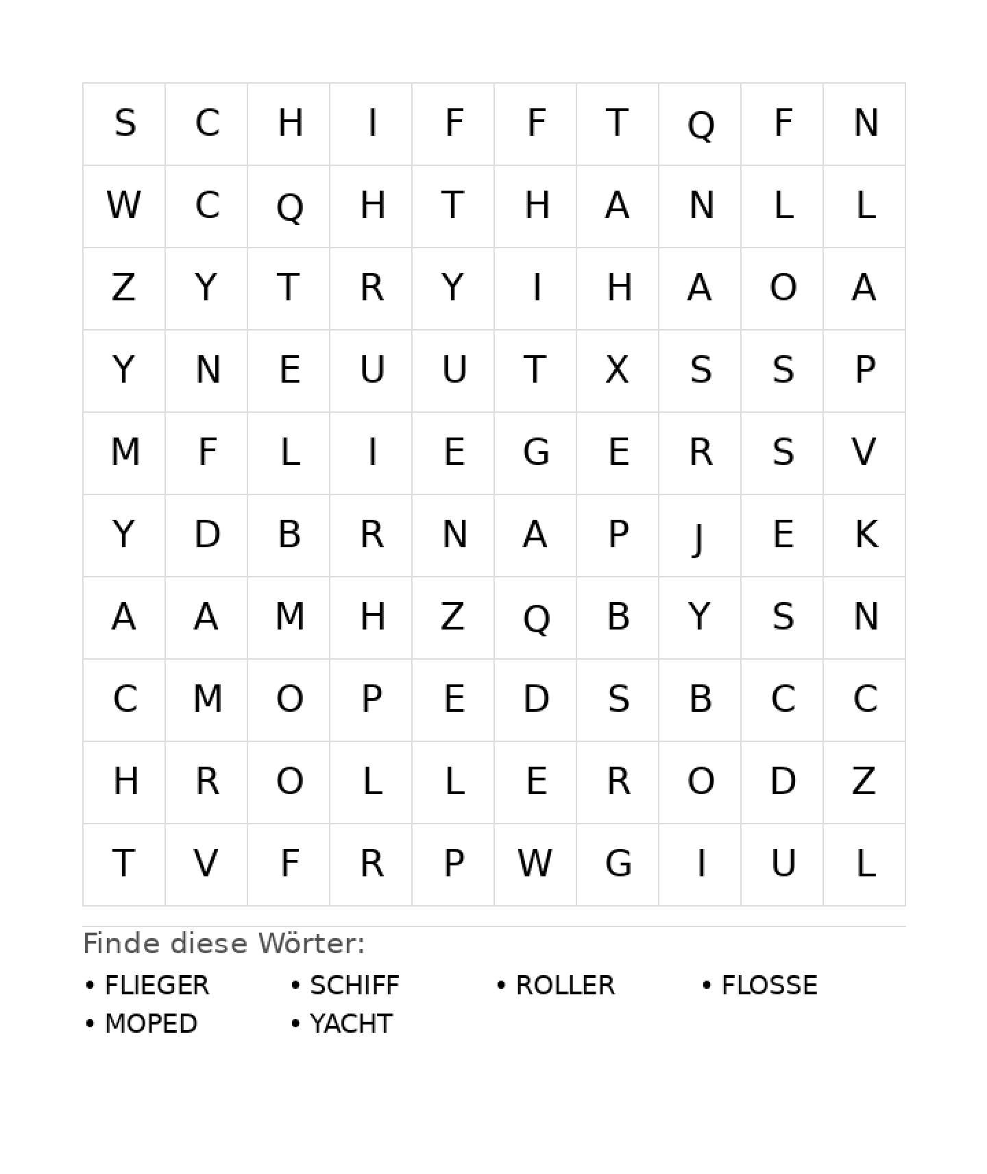 Wortsuchrätsel Wortsuchrätsel: Fahrzeuge für Grundschule aus der Kategorie Wortsuchrätsel - kostenlos ausdrucken