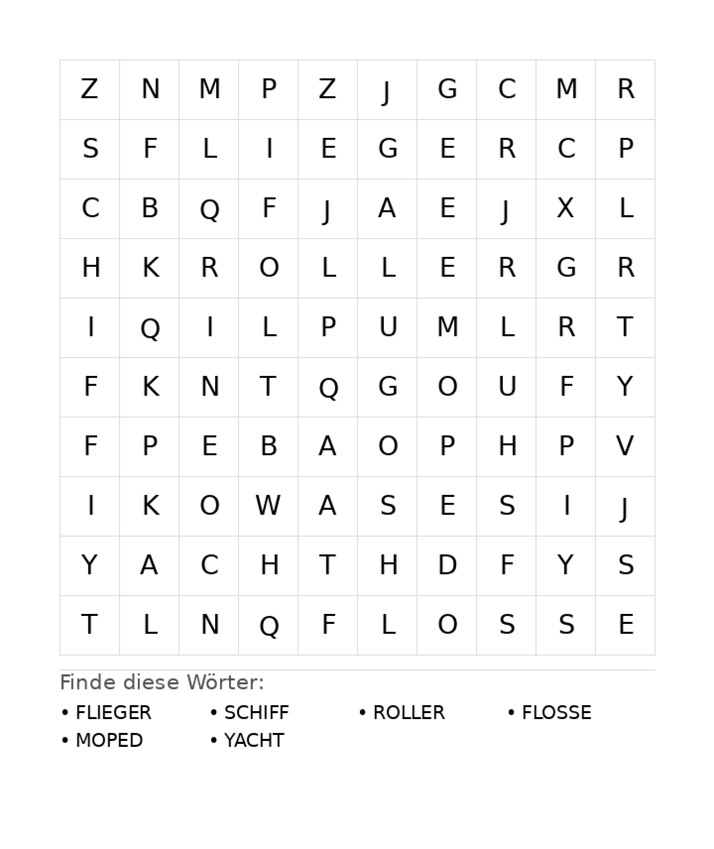 Wortsuchrätsel Wortsuchrätsel: Fahrzeuge für Grundschule aus der Kategorie Wortsuchrätsel - kostenlos ausdrucken