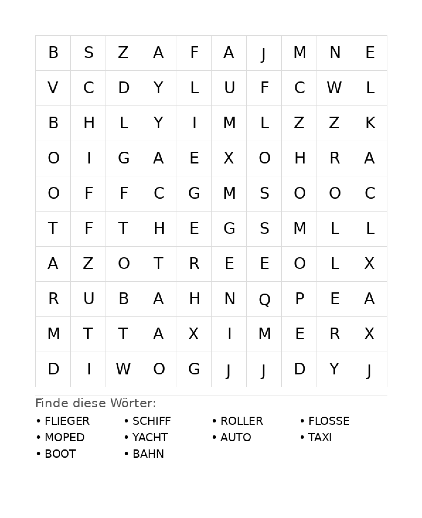 Wortsuchrätsel Wortsuchrätsel: Fahrzeuge für Grundschule aus der Kategorie Wortsuchrätsel - kostenlos ausdrucken
