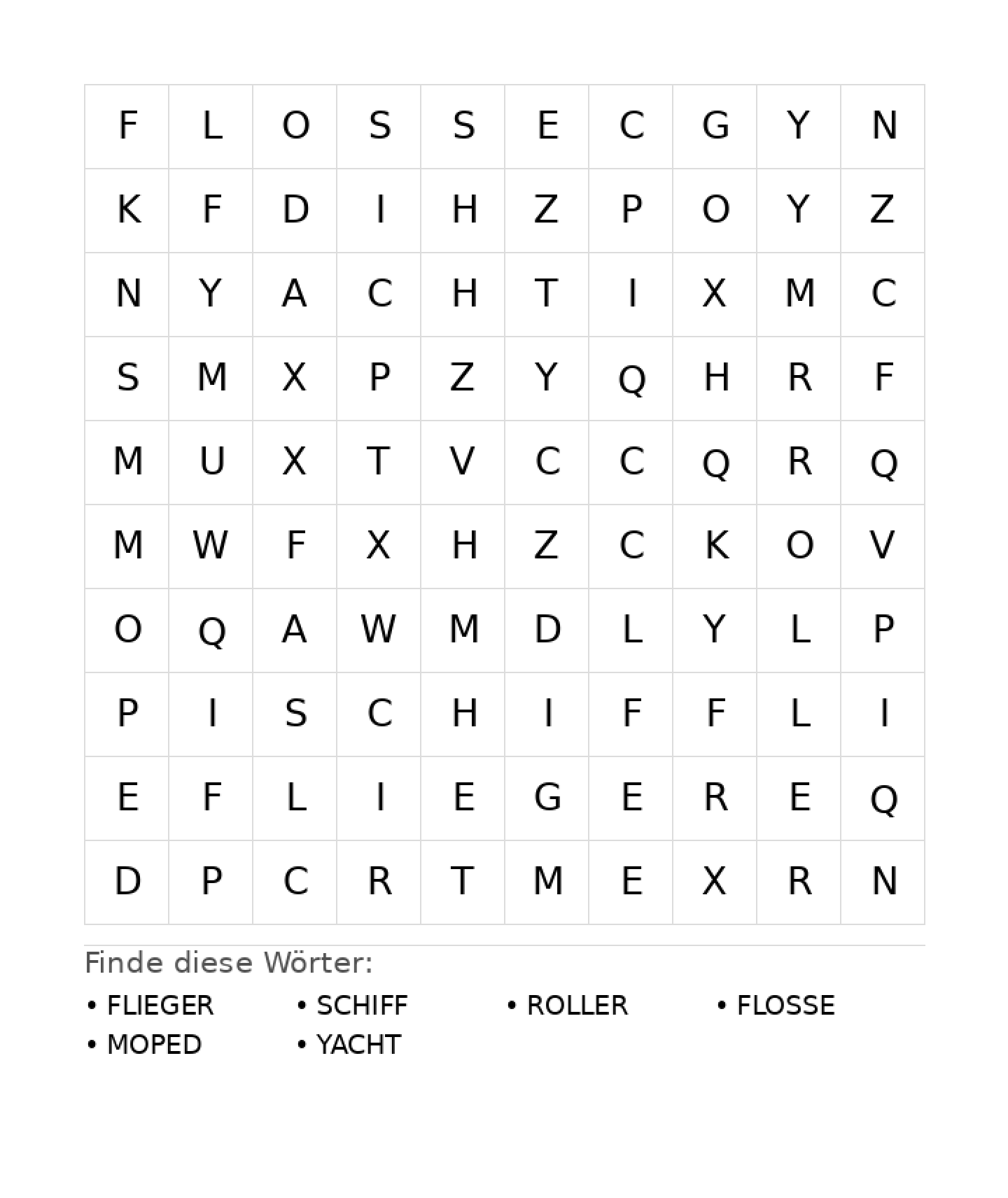 Wortsuchrätsel Wortsuchrätsel: Fahrzeuge für Grundschule aus der Kategorie Wortsuchrätsel - kostenlos ausdrucken