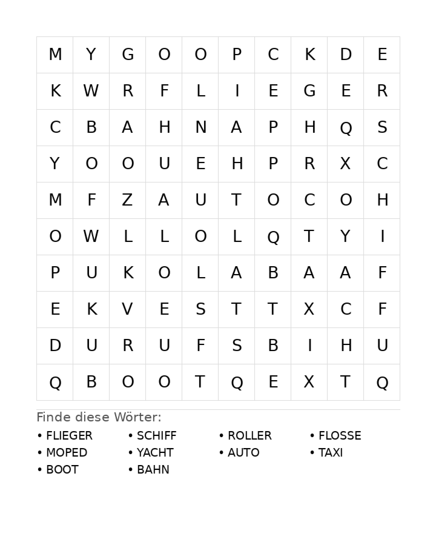 Wortsuchrätsel Wortsuchrätsel: Fahrzeuge für Grundschule aus der Kategorie Wortsuchrätsel - kostenlos ausdrucken