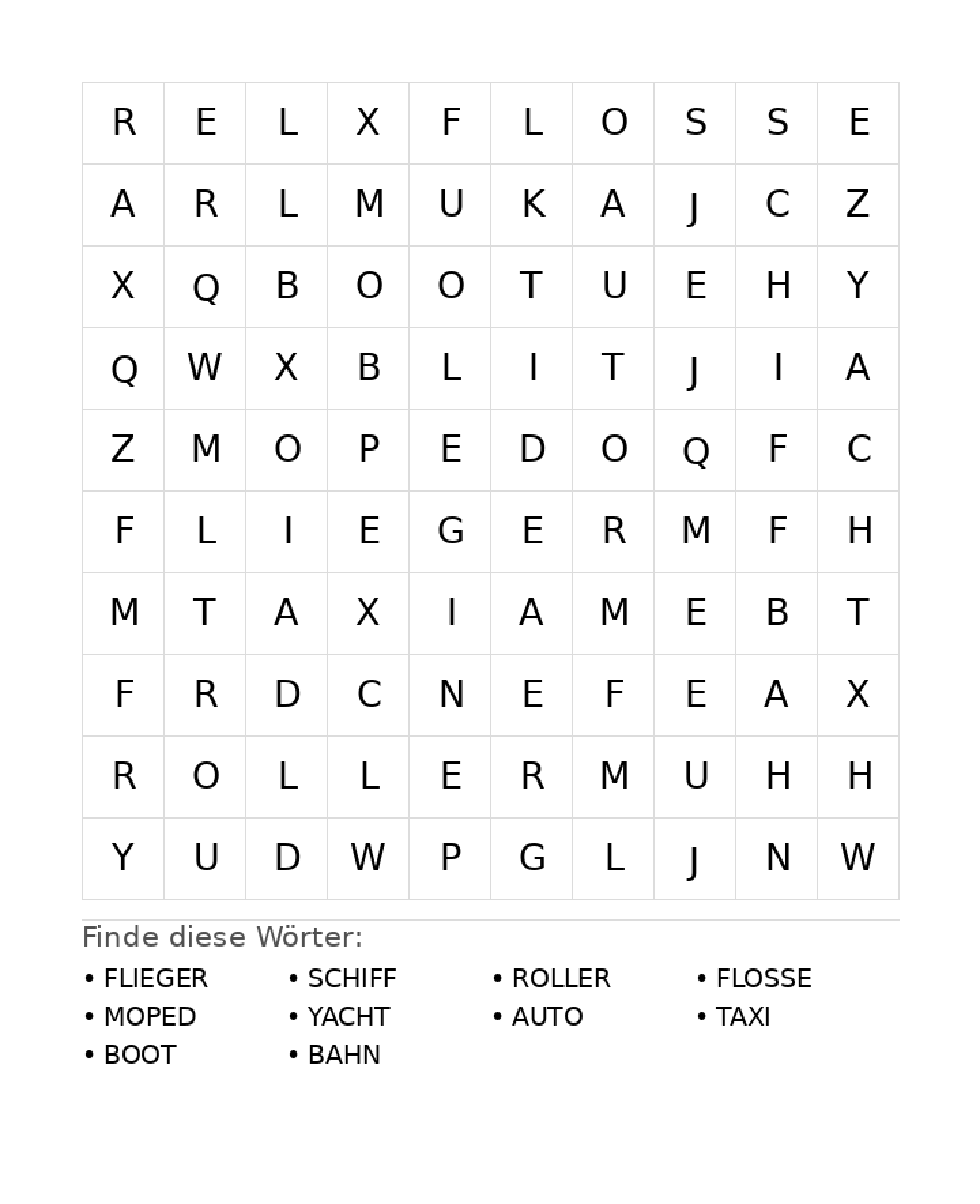 Wortsuchrätsel Wortsuchrätsel: Fahrzeuge für Grundschule aus der Kategorie Wortsuchrätsel - kostenlos ausdrucken