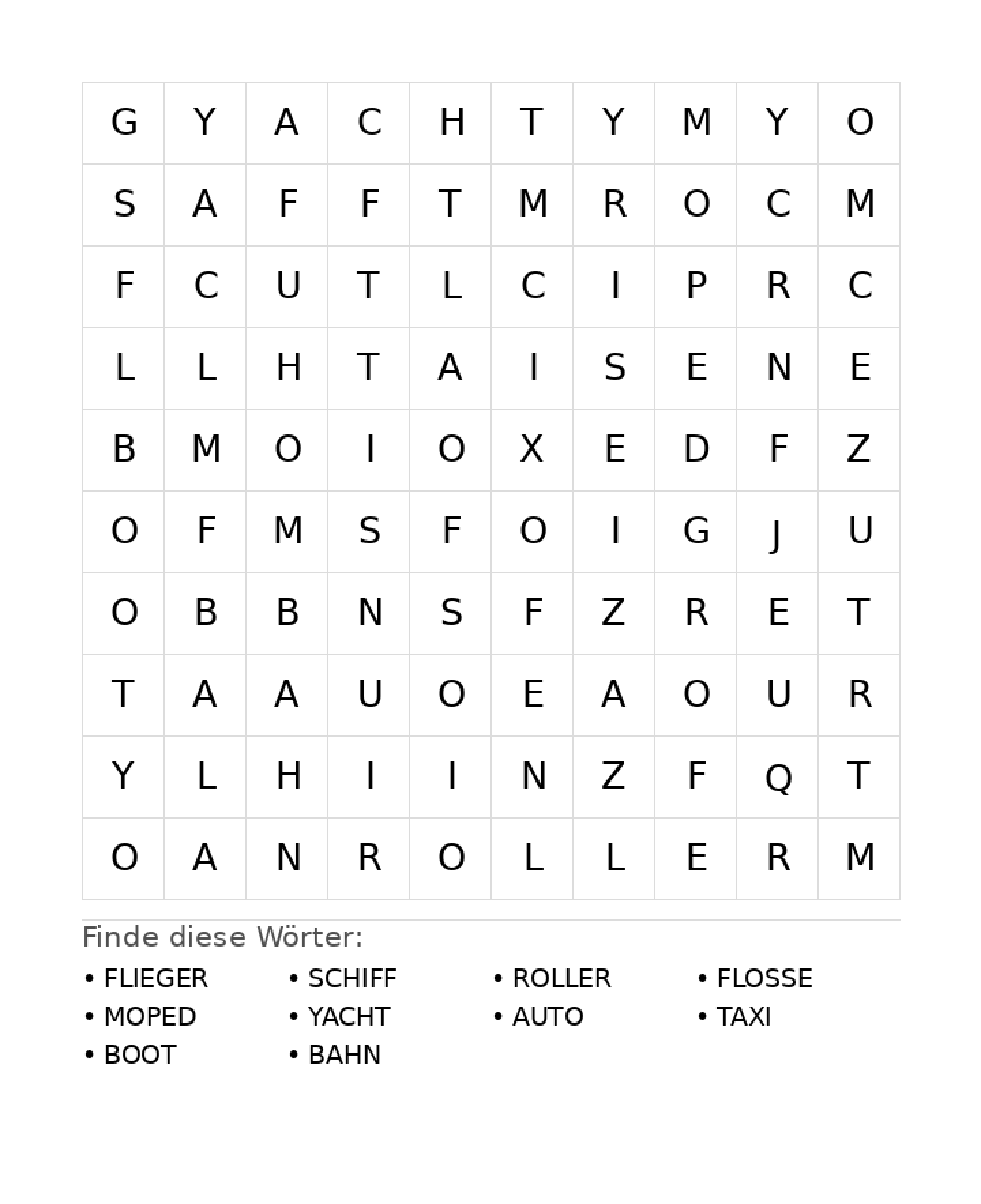 Wortsuchrätsel Wortsuchrätsel: Fahrzeuge für Grundschule aus der Kategorie Wortsuchrätsel - kostenlos ausdrucken