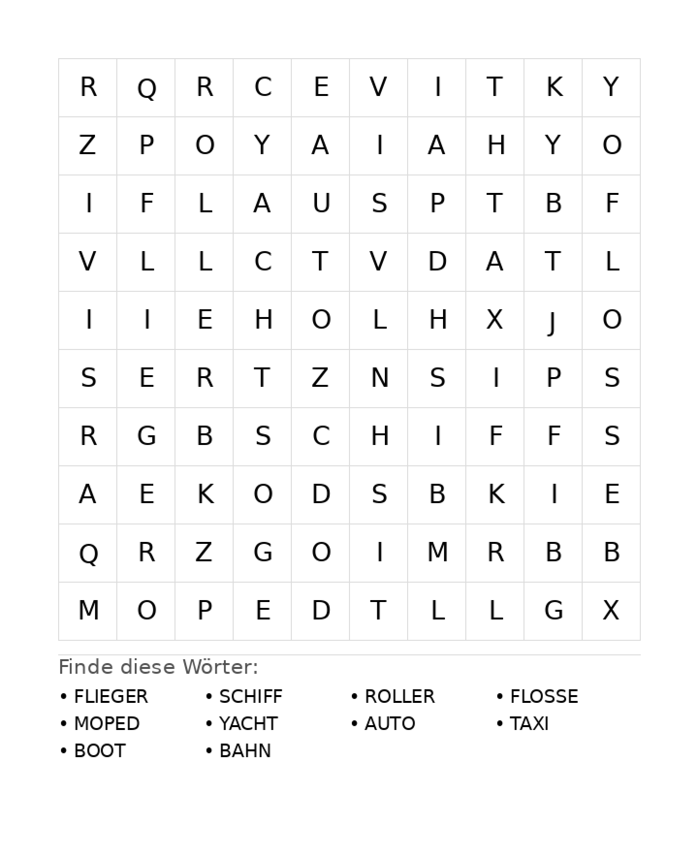 Wortsuchrätsel Wortsuchrätsel: Fahrzeuge für Grundschule aus der Kategorie Wortsuchrätsel - kostenlos ausdrucken