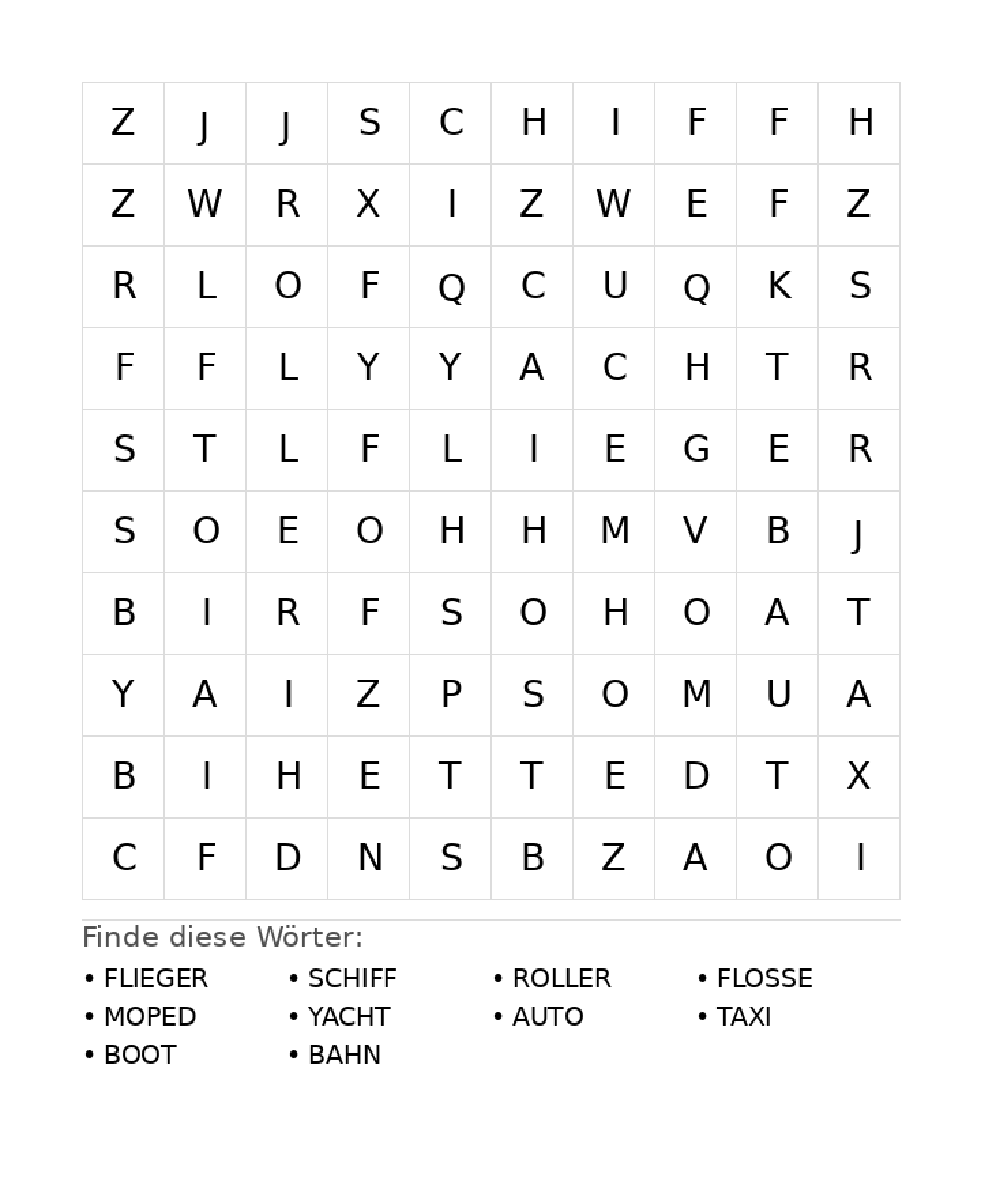 Wortsuchrätsel Wortsuchrätsel: Fahrzeuge für Grundschule aus der Kategorie Wortsuchrätsel - kostenlos ausdrucken