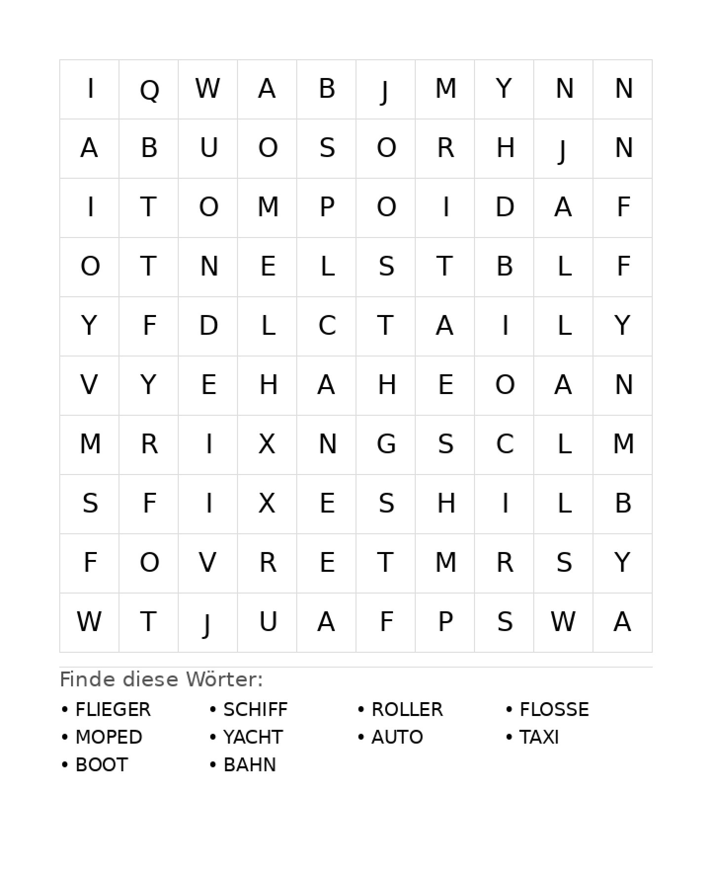 Wortsuchrätsel Wortsuchrätsel: Fahrzeuge für Grundschule aus der Kategorie Wortsuchrätsel - kostenlos ausdrucken