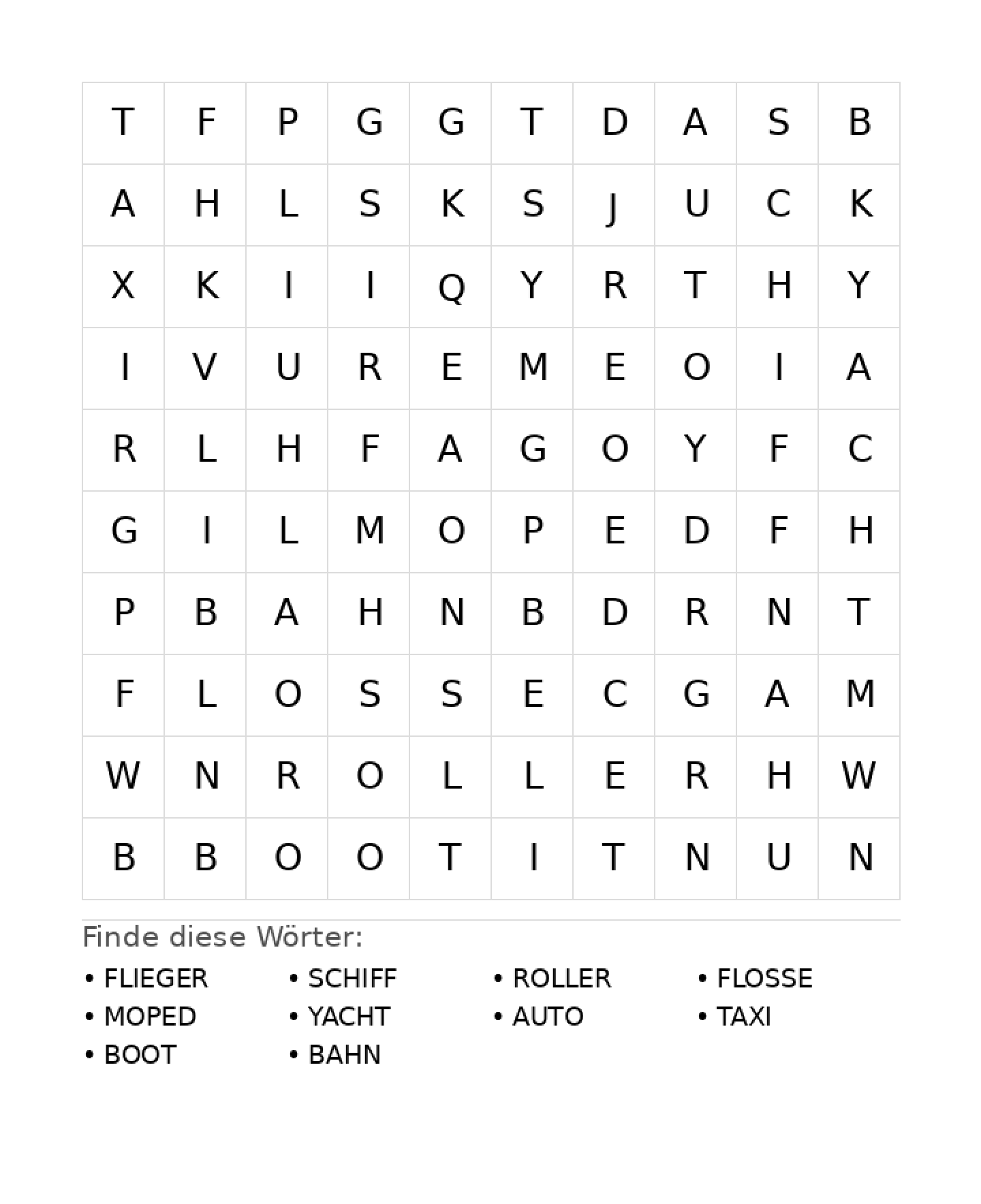 Wortsuchrätsel Wortsuchrätsel: Fahrzeuge für Grundschule aus der Kategorie Wortsuchrätsel - kostenlos ausdrucken