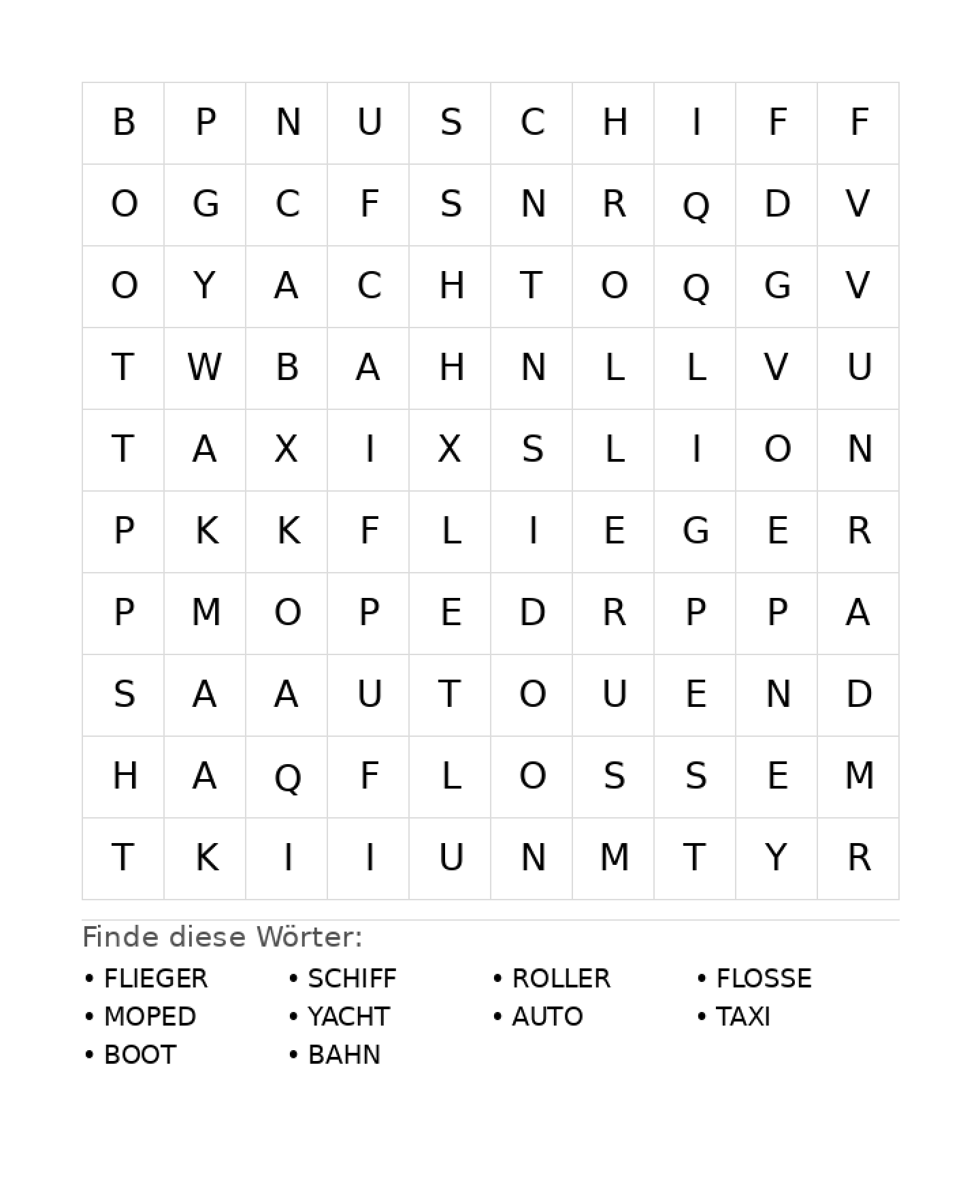 Wortsuchrätsel Wortsuchrätsel: Fahrzeuge für Grundschule aus der Kategorie Wortsuchrätsel - kostenlos ausdrucken