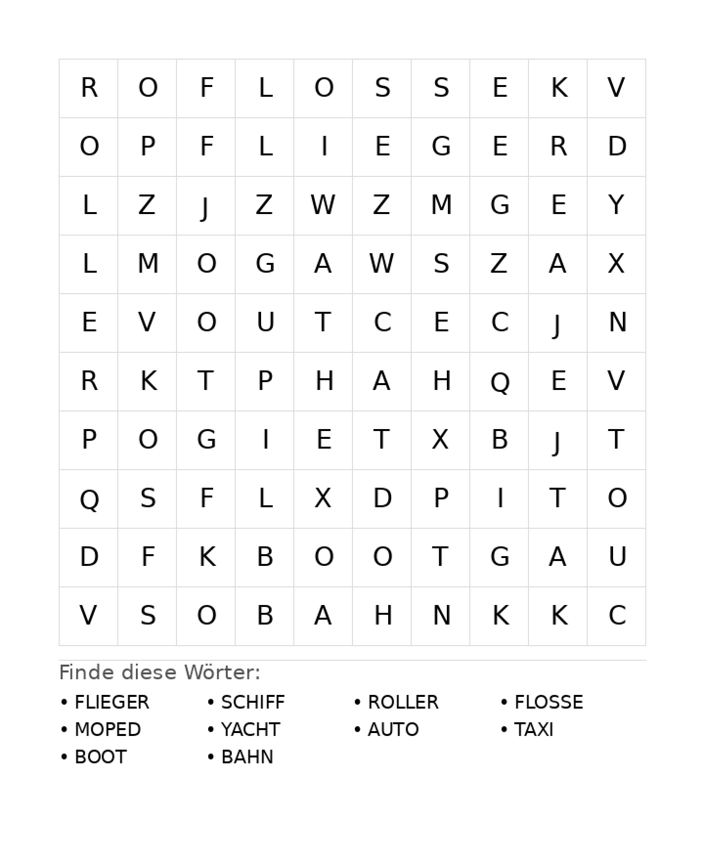 Wortsuchrätsel Wortsuchrätsel: Fahrzeuge für Grundschule aus der Kategorie Wortsuchrätsel - kostenlos ausdrucken